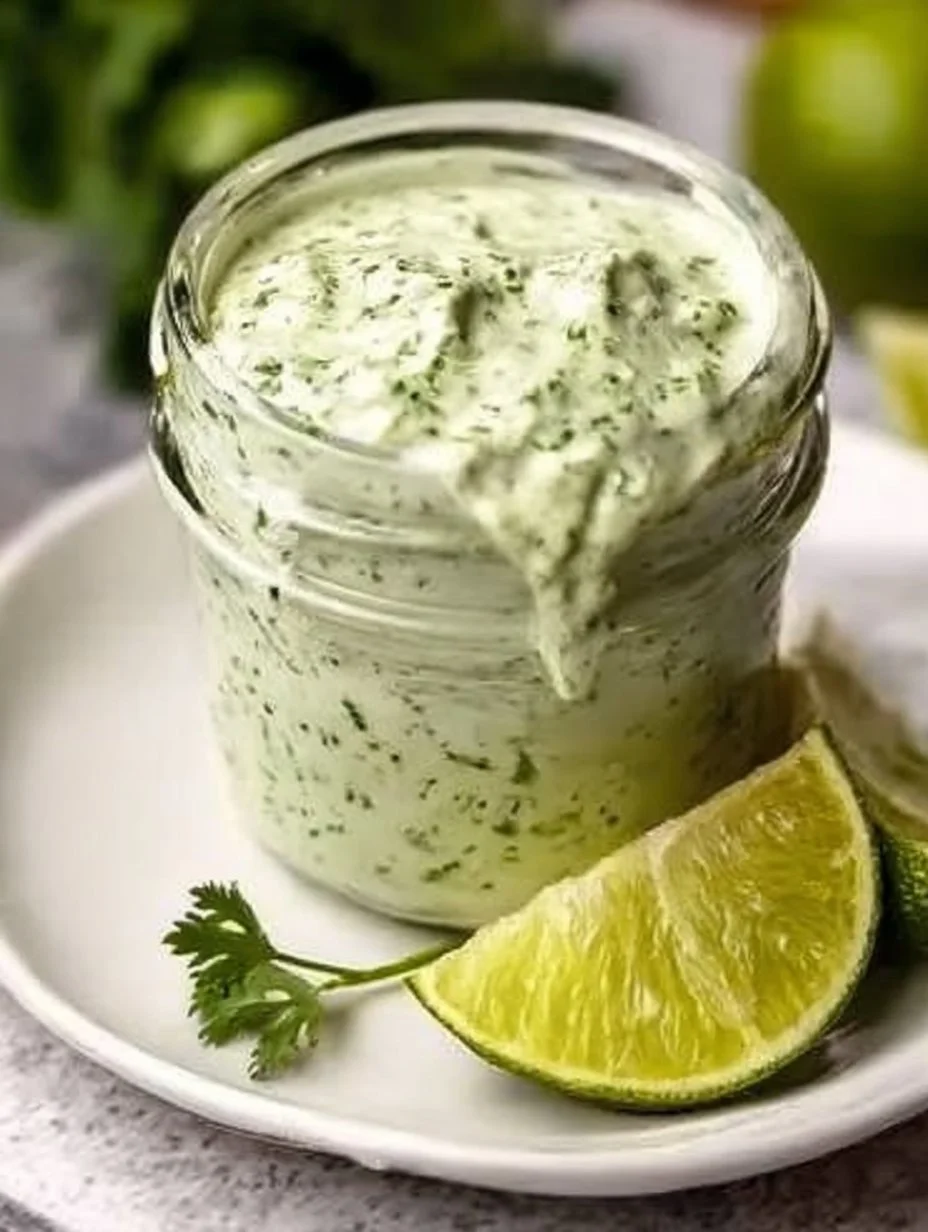 Cremige Sauce mit Knoblauch, Limette und frischem Koriander in einer Schüssel