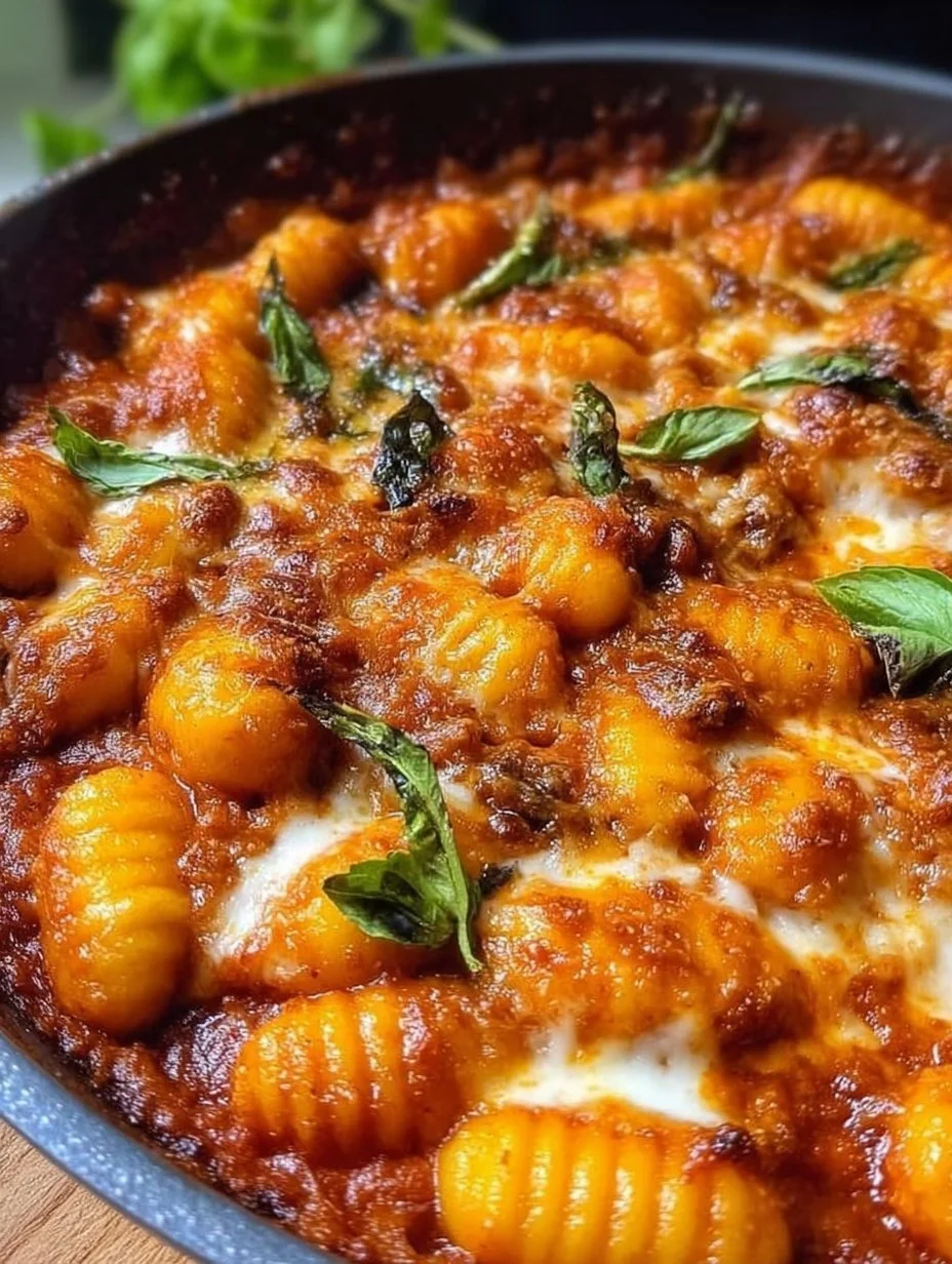 Cremige Tomaten-Gnocchi in einer Schüssel serviert, garniert mit frischen Kräutern.
