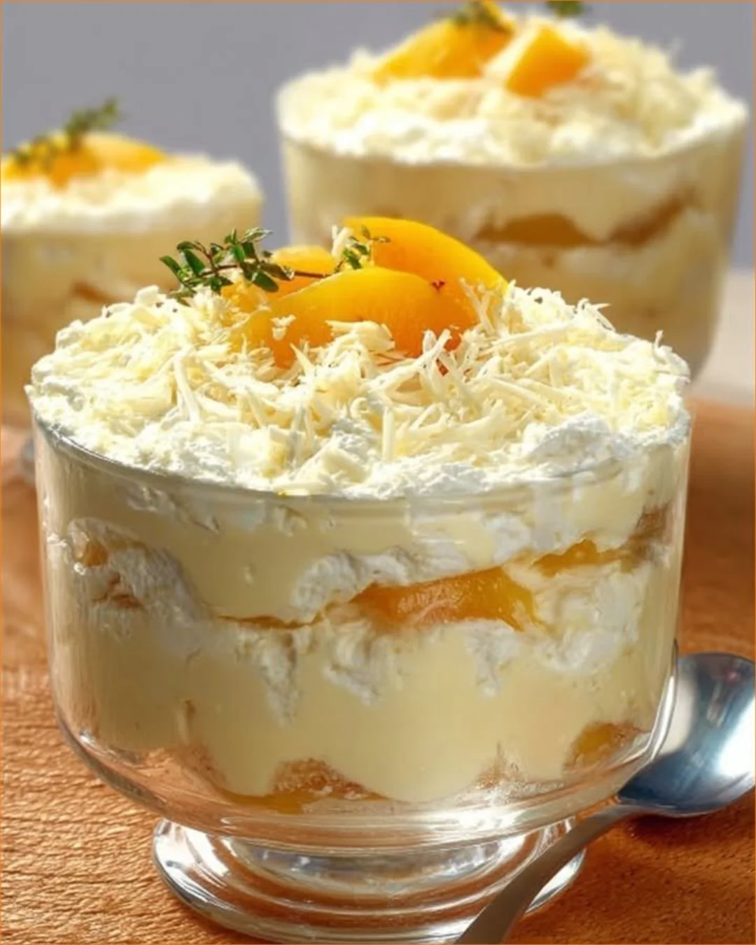 Leckeres Dessert mit Pfirsichen und Frauenfingern auf einem eleganten Teller