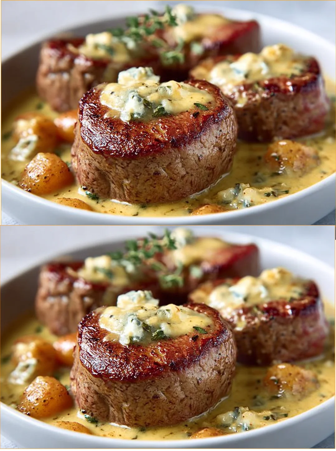 Filet Mignon mit geschmolzenem Reblochon auf einem eleganten Teller