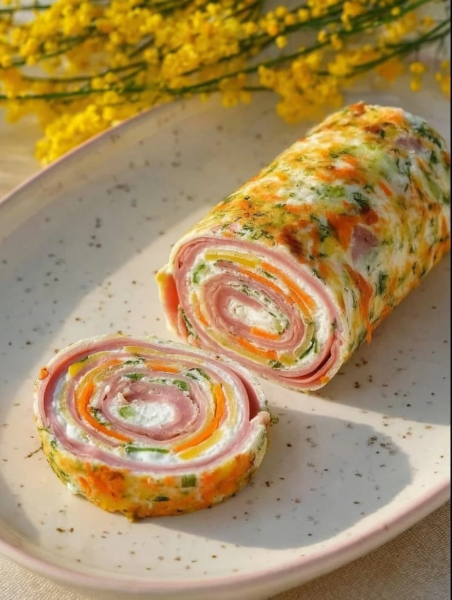 Frühlingshafte Zucchini-Möhren-Rolle auf einem Teller angerichtet