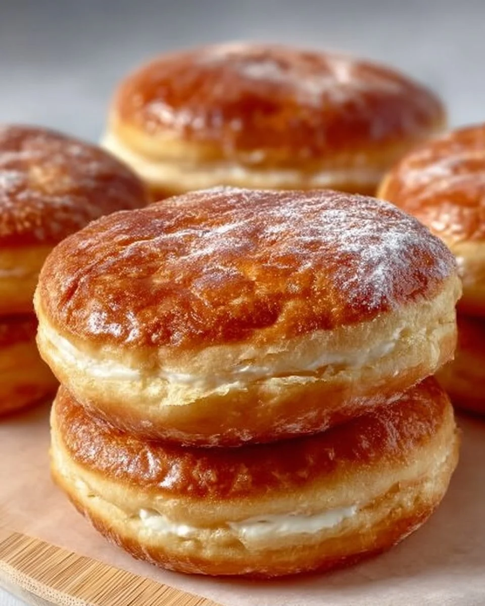 Gefüllte Schichtdonuts auf einer Holzplatte präsentiert