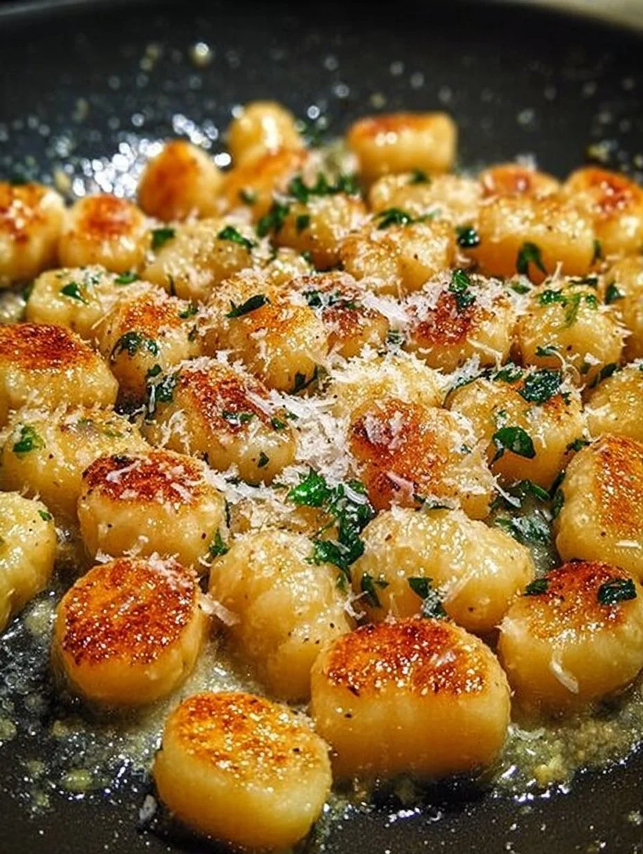 Gnocchi serviert mit Knoblauchbutter und Parmesan auf einem Teller