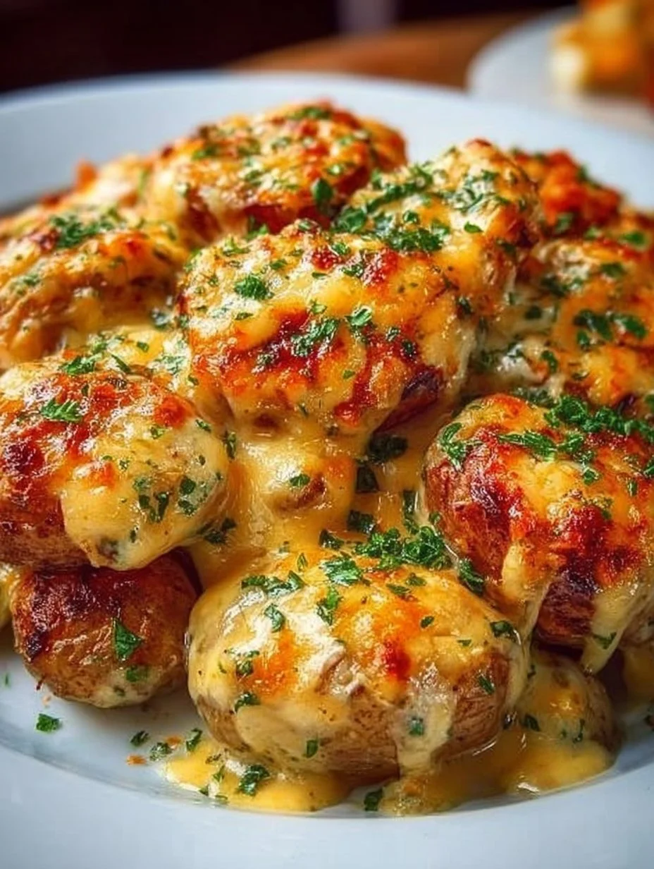 Göttliche Kartoffeln mit Knoblauch, Parmesan und Käse auf einem Teller angerichtet