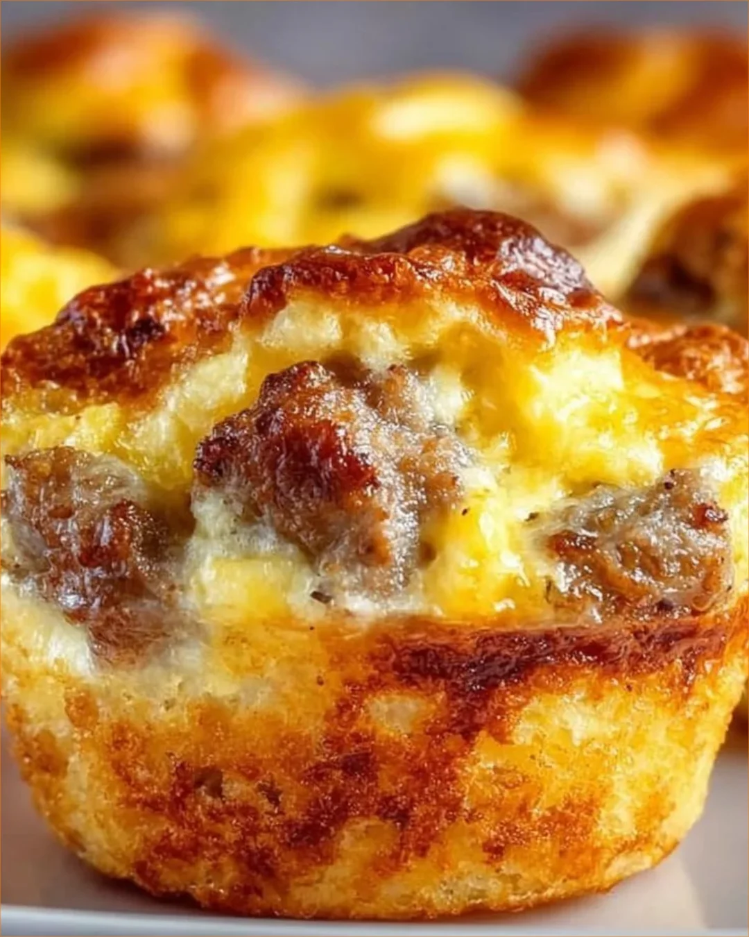 Großmutters Bisquick Wurst-Ei-Käse-Muffins auf einem Teller serviert