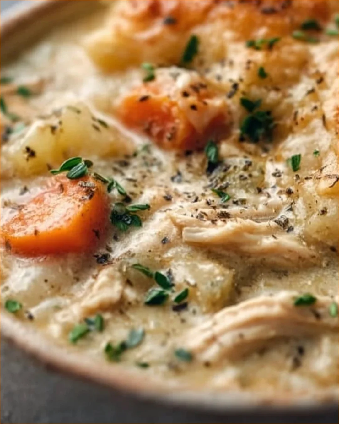 Schüssel Hähnchen-Pot-Pie-Suppe mit frischem Gemüse und Kräutern