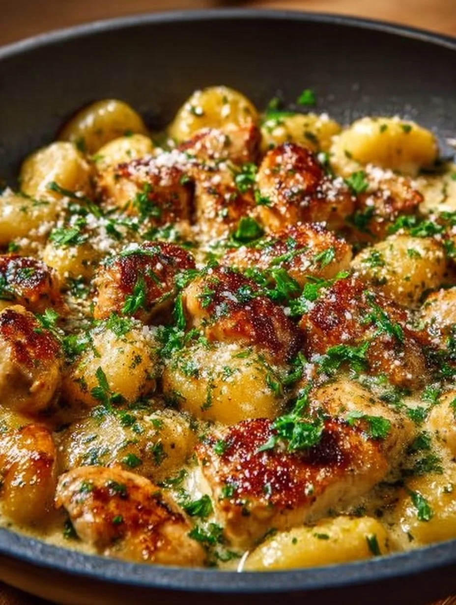 Huhn-Gnocchi in der Pfanne mit frischem Knoblauch zubereitet.