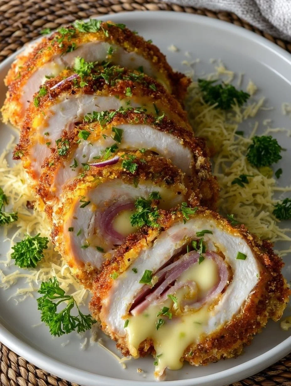 Hühnchen Cordon Bleu mit Käse und Schinken, knusprig paniert und knusprig zubereitet.