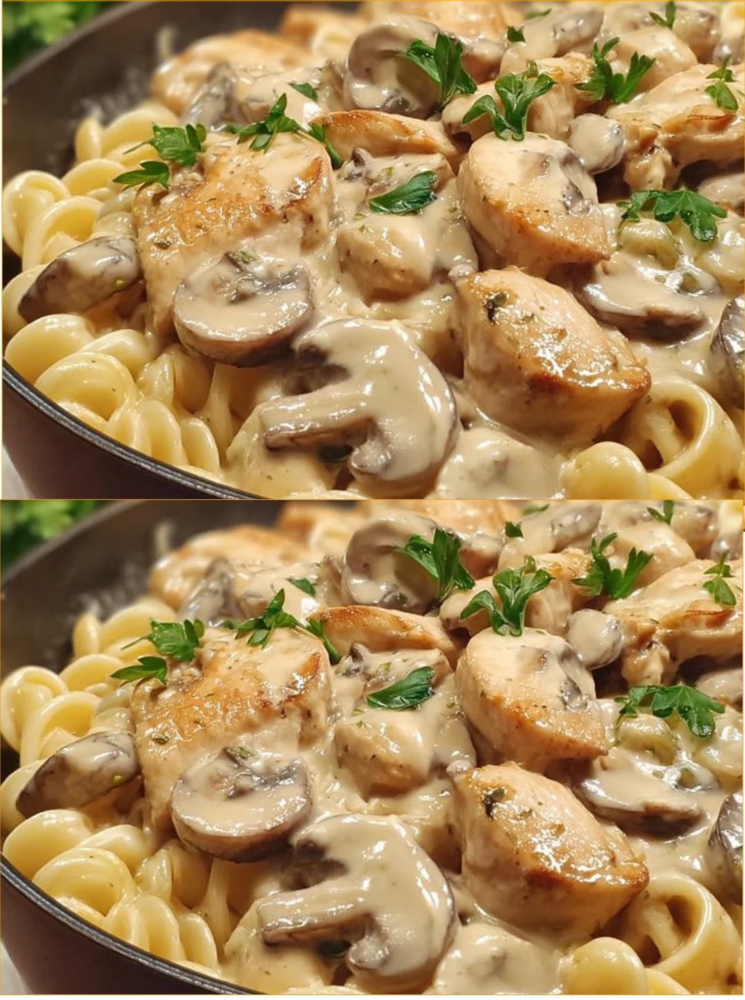 Hühnchen-Pasta mit cremiger Sauce auf einem Teller angerichtet
