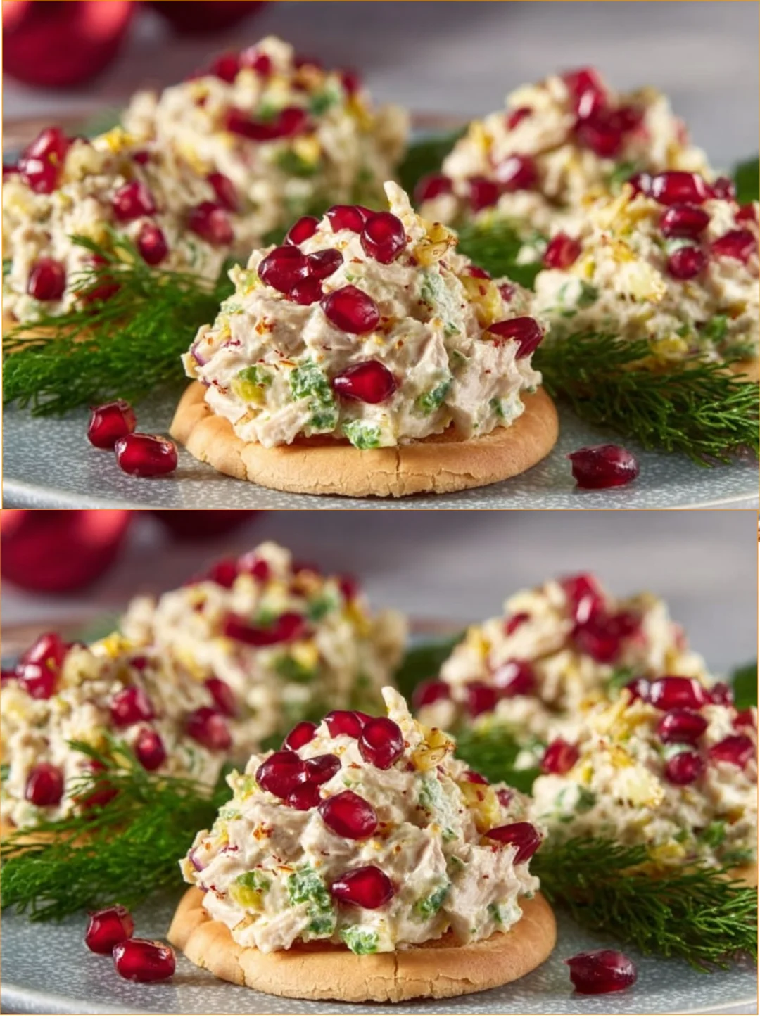 Hühnchensalat mit Granatapfel auf einem Teller, gesund und präsentabel.