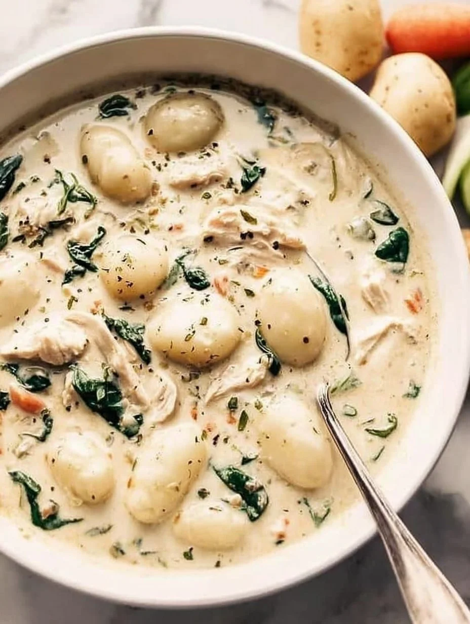 Schüssel mit Hühnersuppe und Gnocchi, garniert mit frischen Kräutern