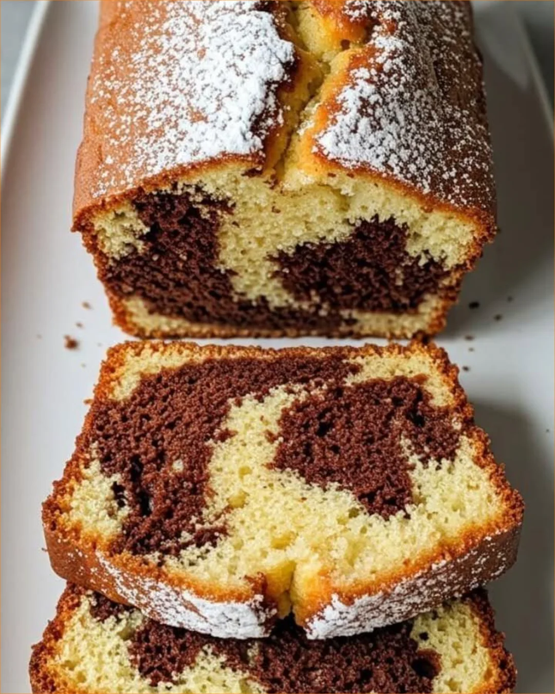 Eine klassische Marmor-Torte mit Schokoladenteig und hellen Teigstreifen