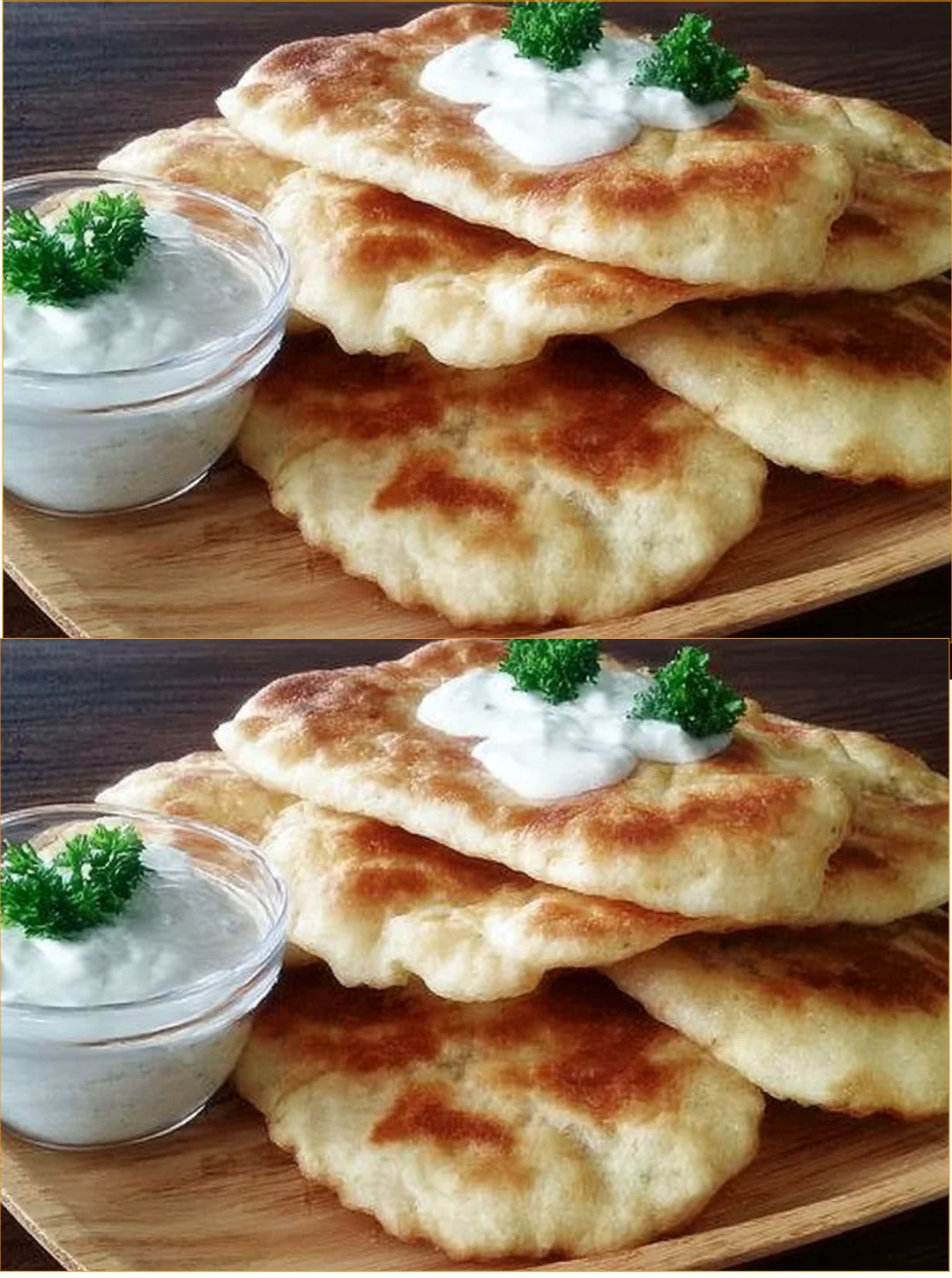 Langos mit Sauerrahm ohne Hefe auf einem Teller serviert