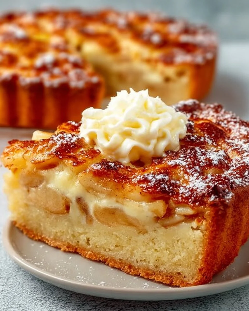 Leckerer Apfelkuchen mit Sahne auf einem Teller serviert