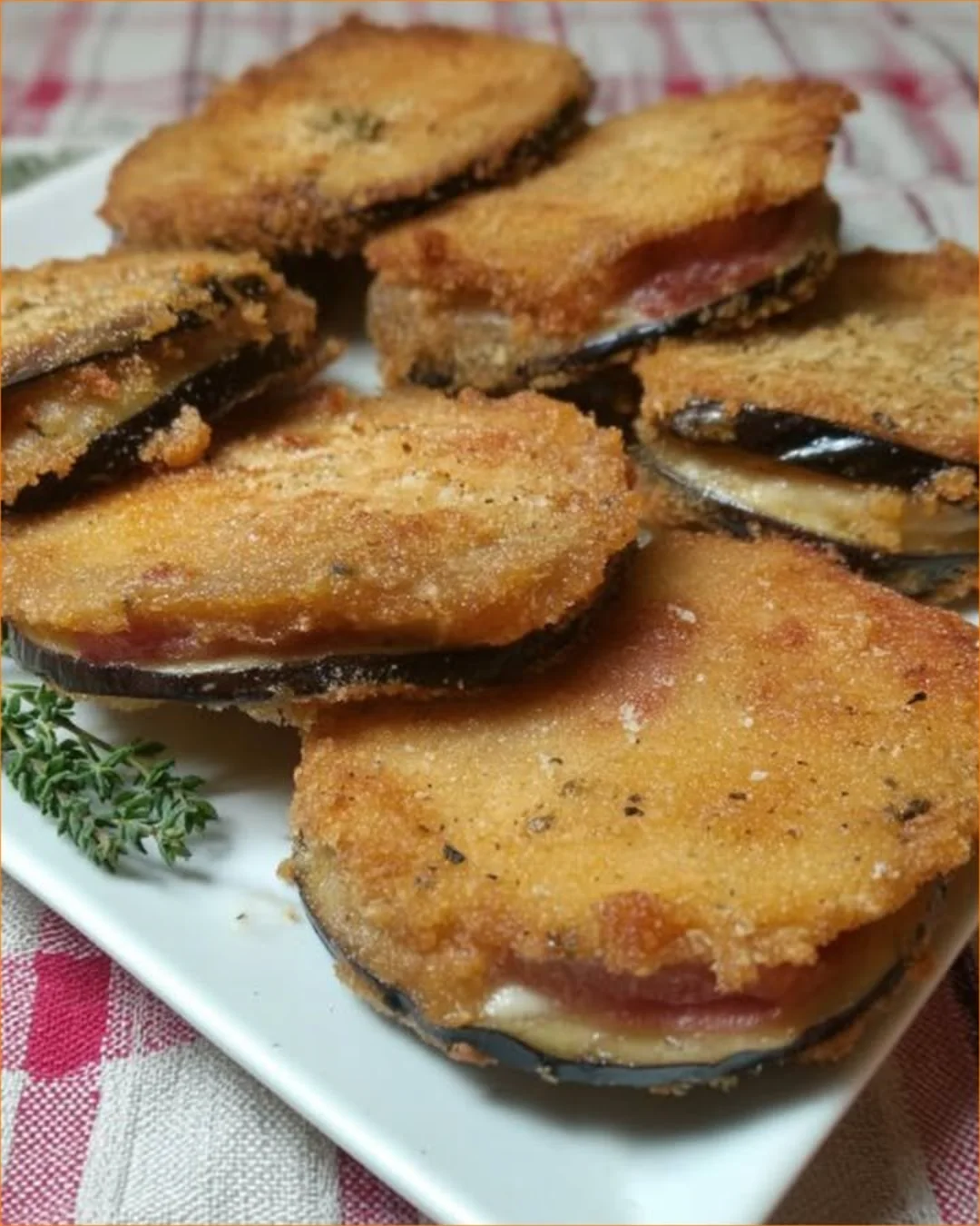 Köstliche panierte Melanzana mit einer überraschenden Füllung.