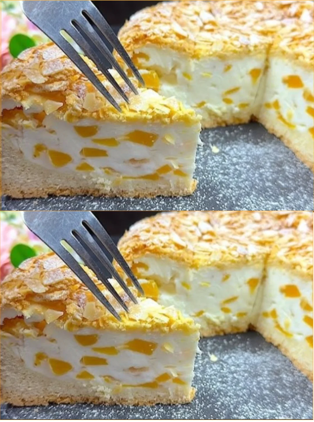 Leckere Pfirsichkuchen mit Joghurtcreme auf einem Teller dekoriert
