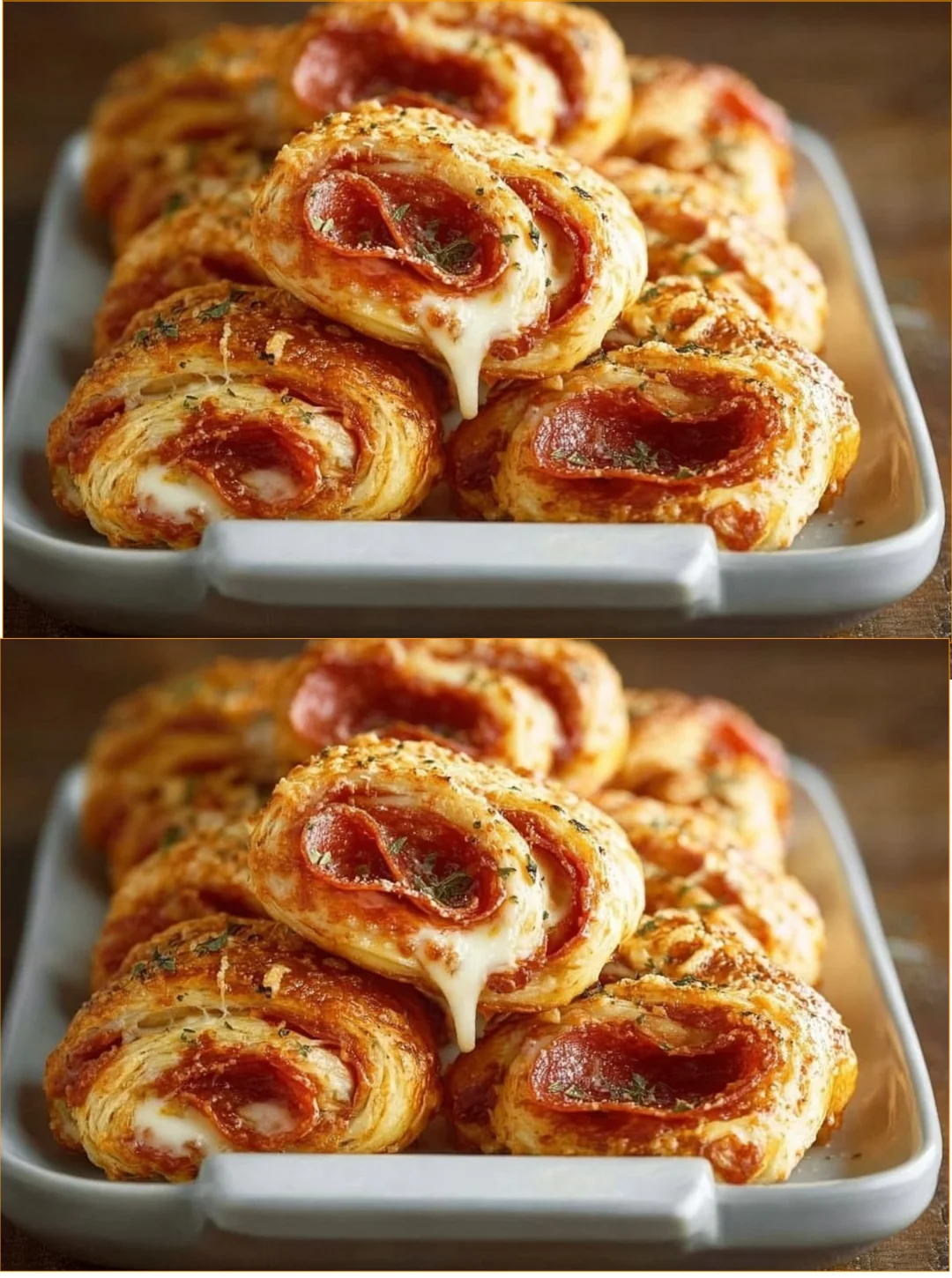Pizzaschnecken mit Blätterteig auf einem rustikalen Holzbrett serviert