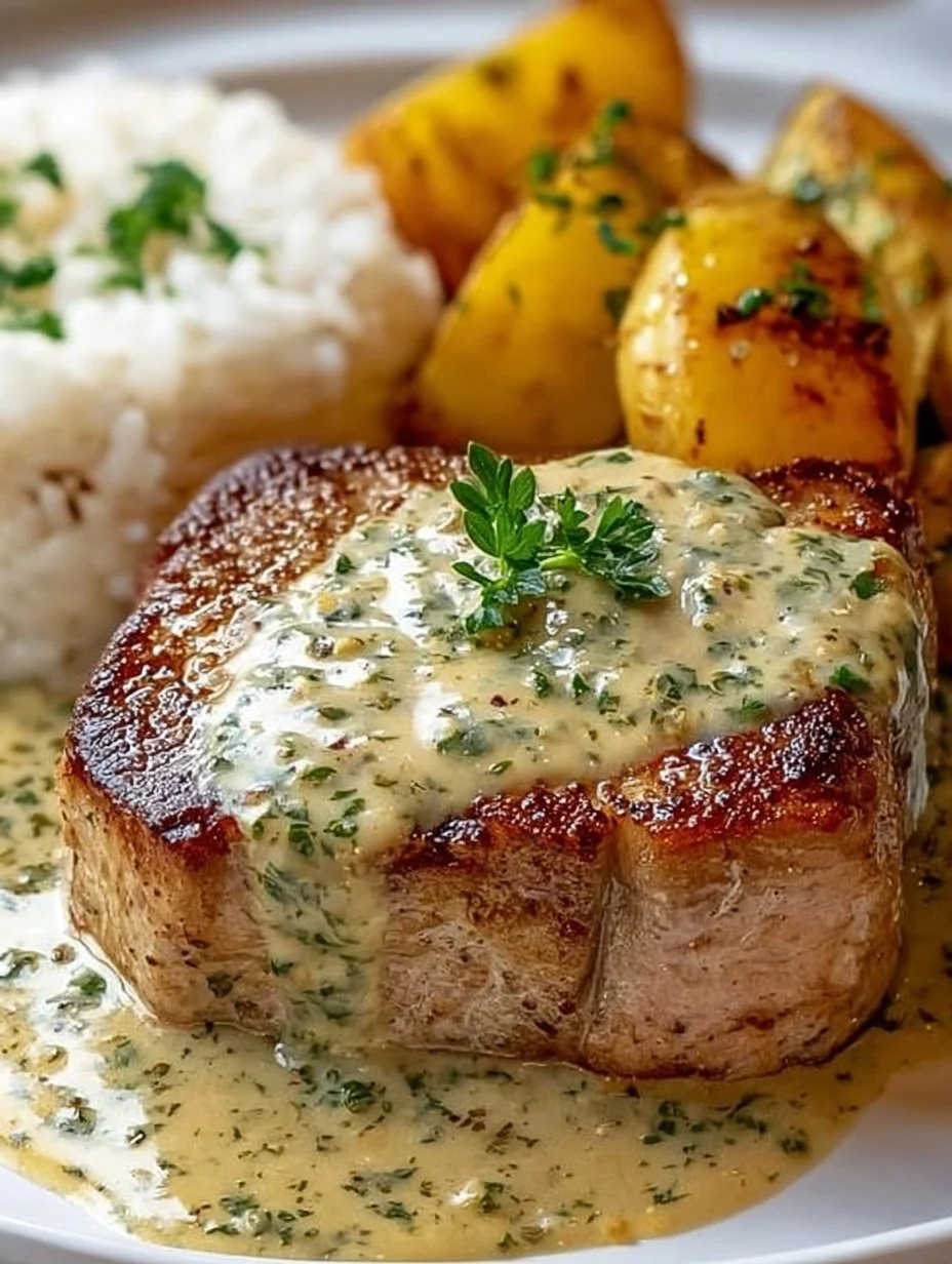 Schweinekotelett mit frischer Kräutersoße auf einem Teller angerichtet