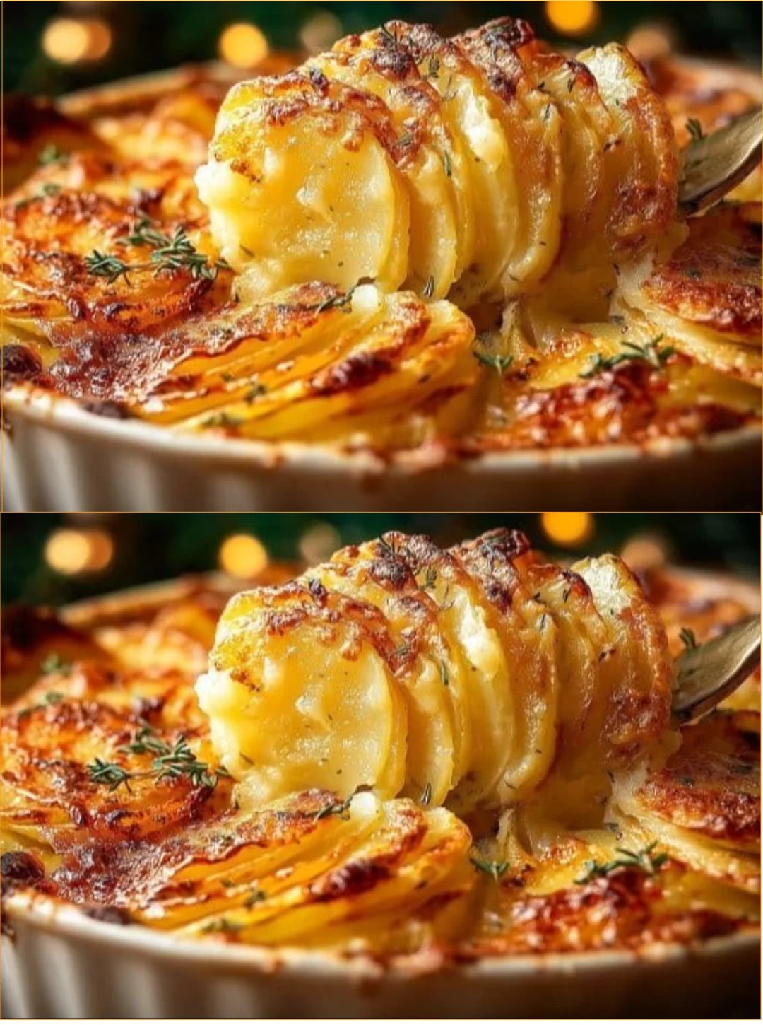 Überbackene Kartoffeln mit Käse auf einem Teller serviert