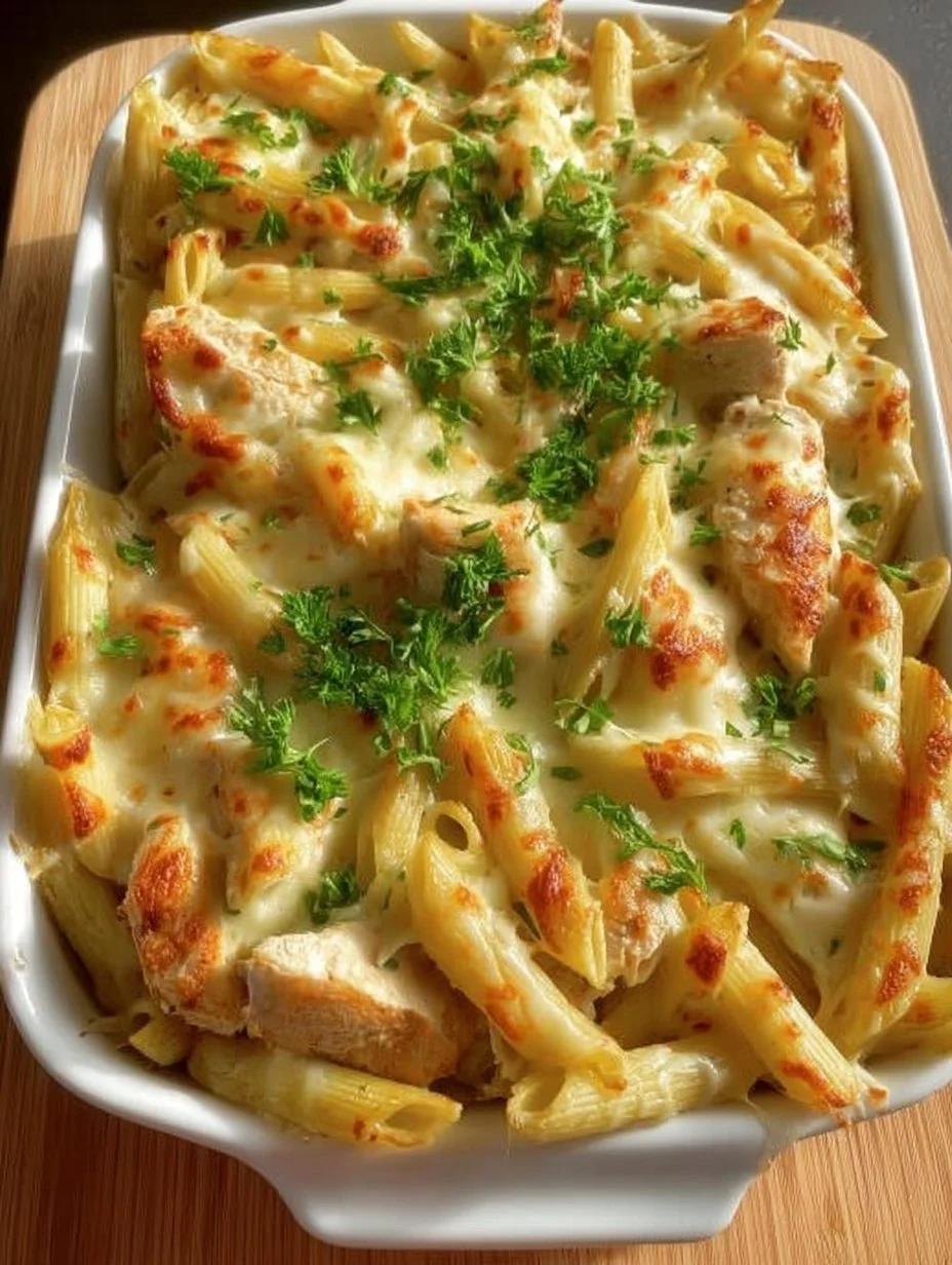 Überbackene Sahne-Pasta mit Hähnchenfleisch in einem ofenfesten Gericht