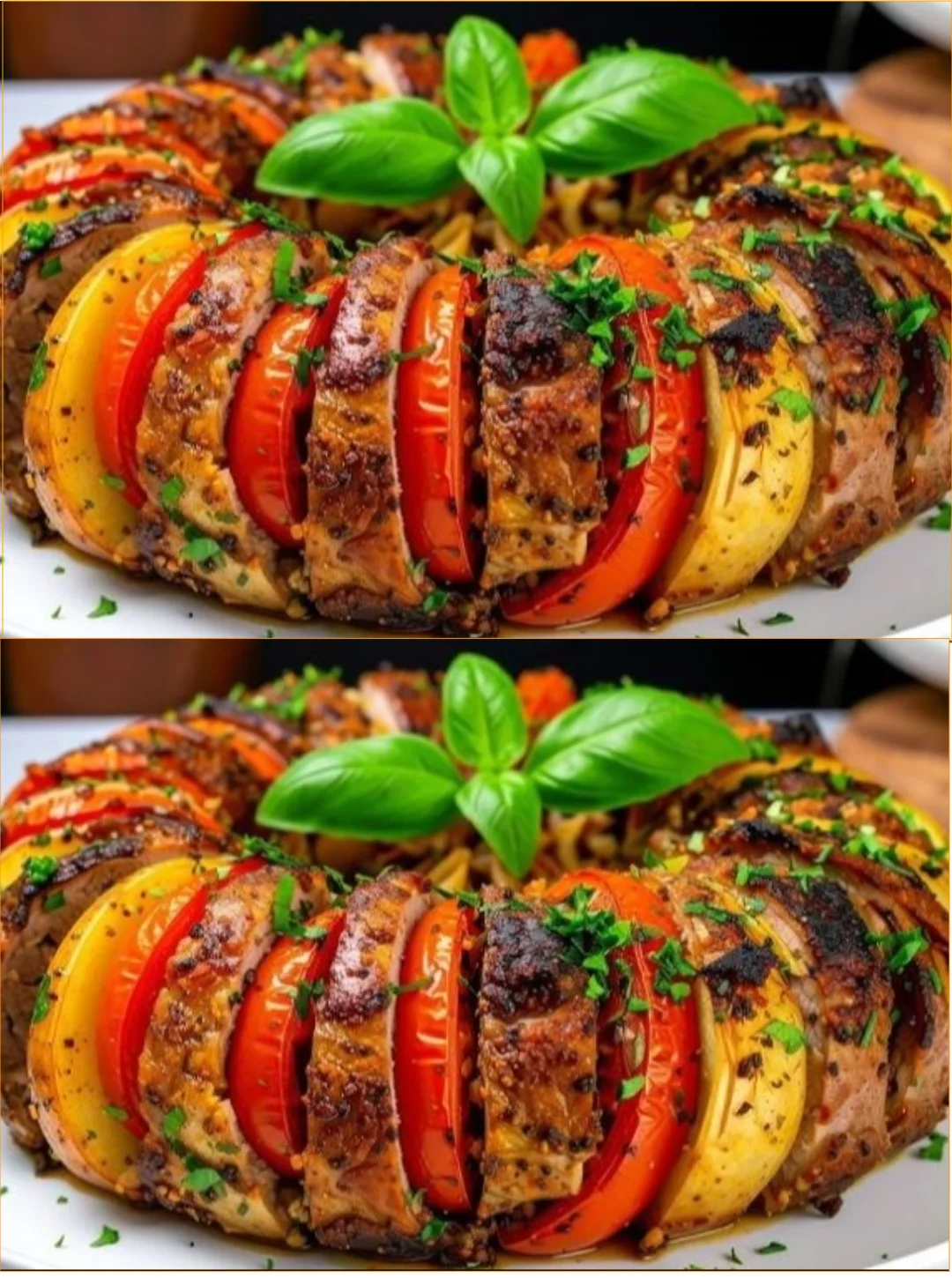 Zarter Schweinebraten im Ofen mit frischem Gemüse und Sauerkraut serviert.