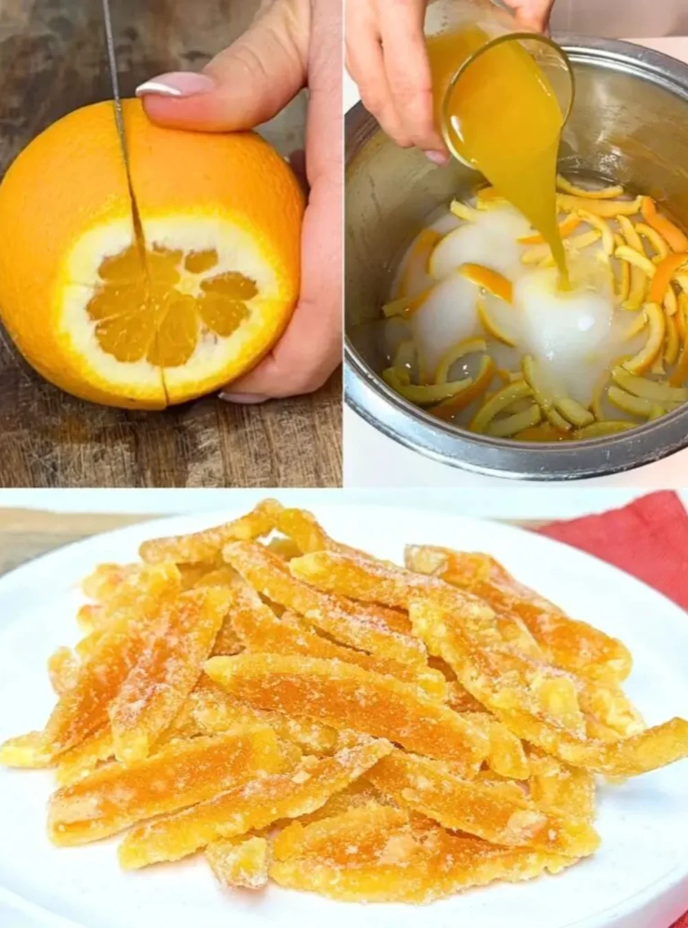 Zuckerüberzogene Orangenschalen auf einem Teller, verziert und köstlich.