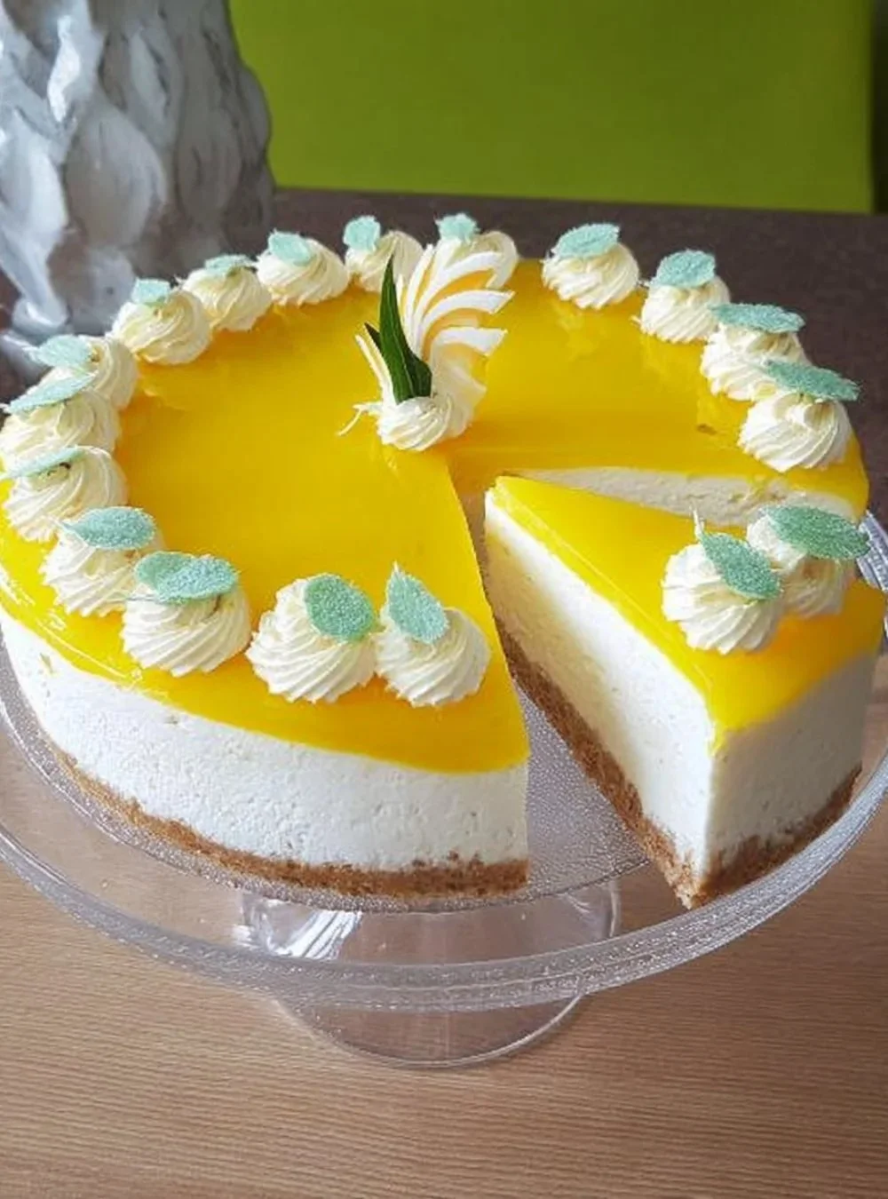 Ananas-Kalter Kuchen auf einem weißen Teller, dekoriert mit frischen Ananasstücken.