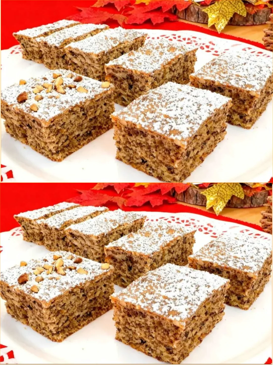 Apfelkuchen mit Walnüssen auf einem rustikalen Holzbrett