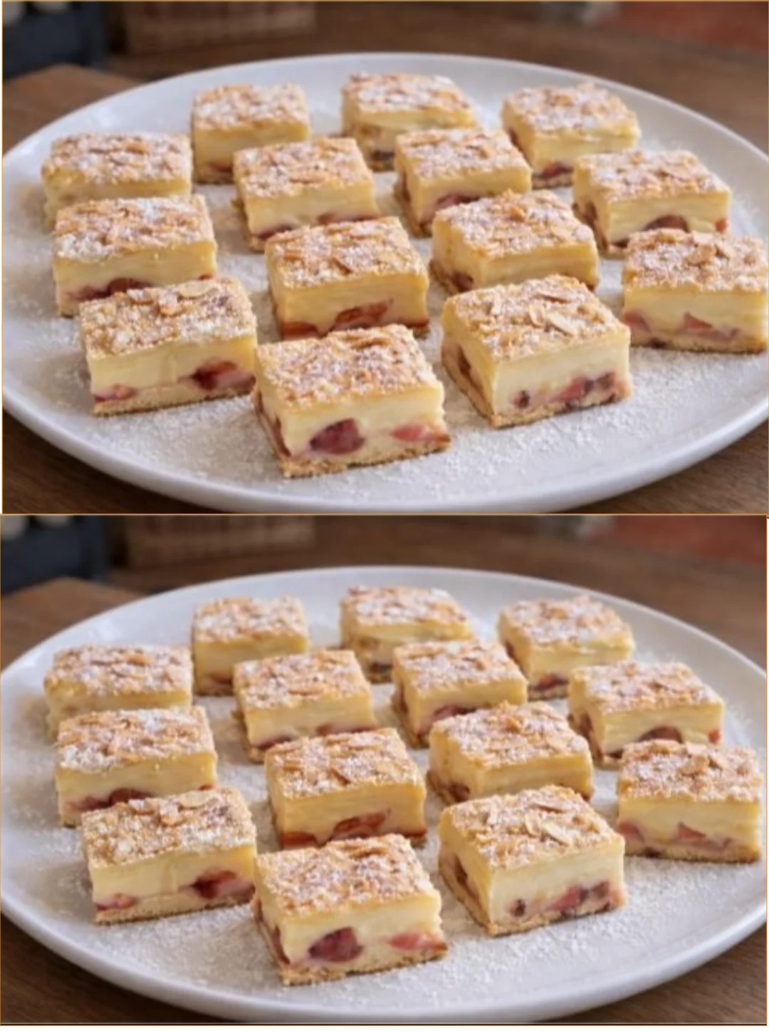 Blätterteigpudding mit Biskuitkuchen und frischem Obst serviert auf einem Teller