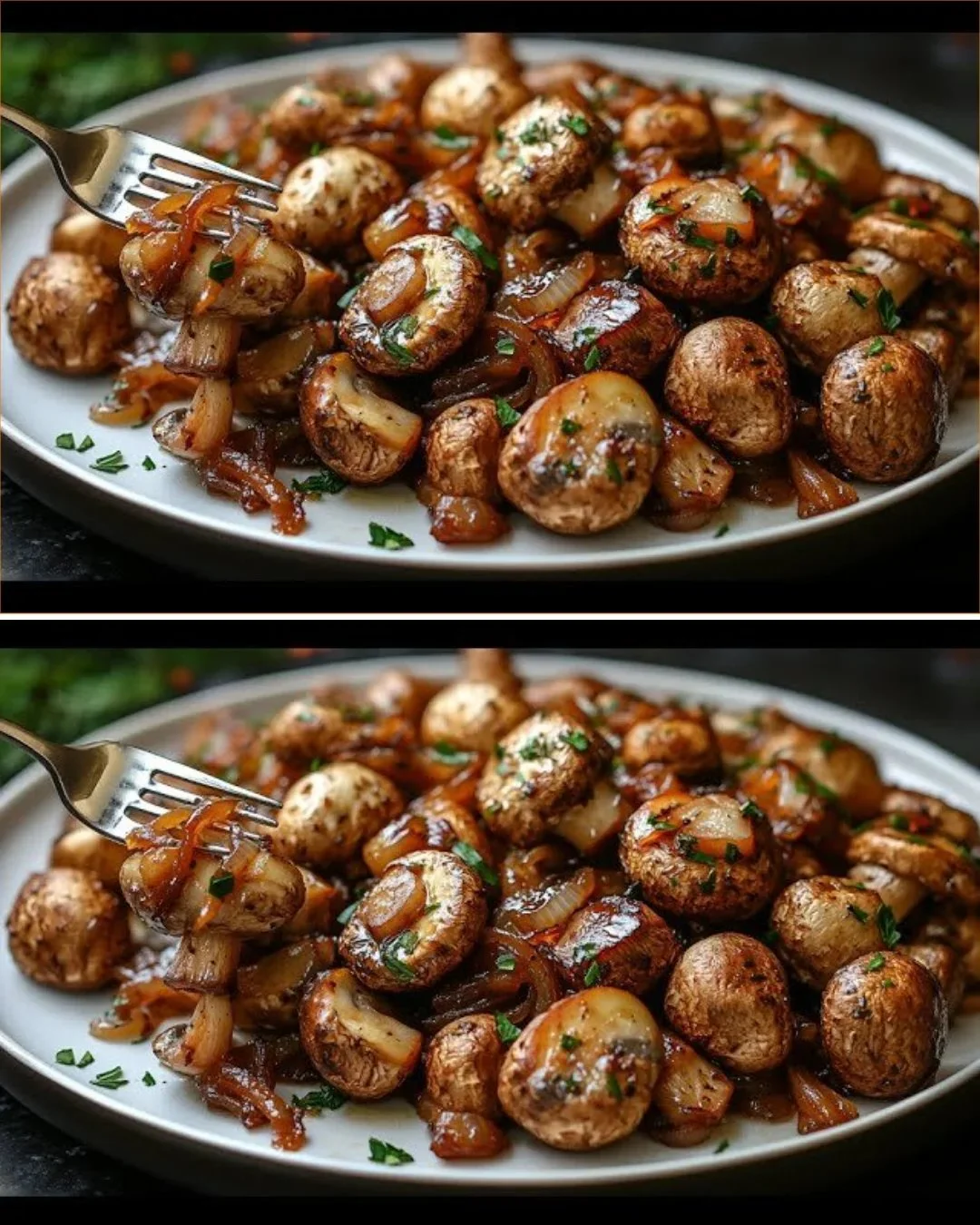 Leckere Champignons mit Knoblauch zubereitet in einer Pfanne.