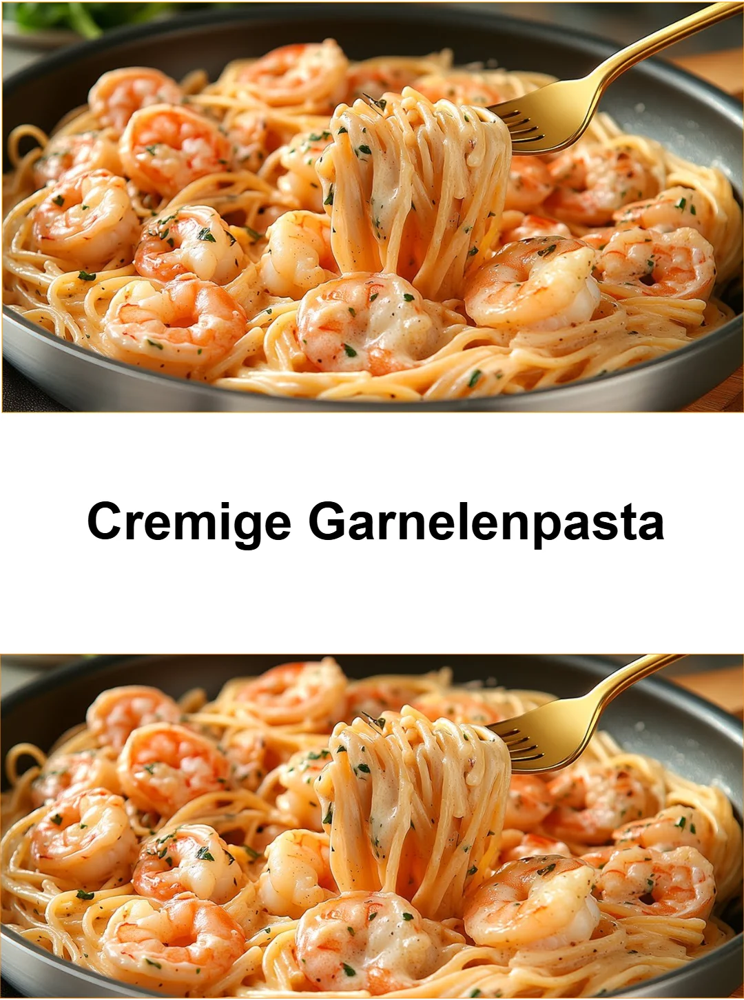 Cremige Garnelenpasta mit frischen Zutaten auf einem Teller serviert.