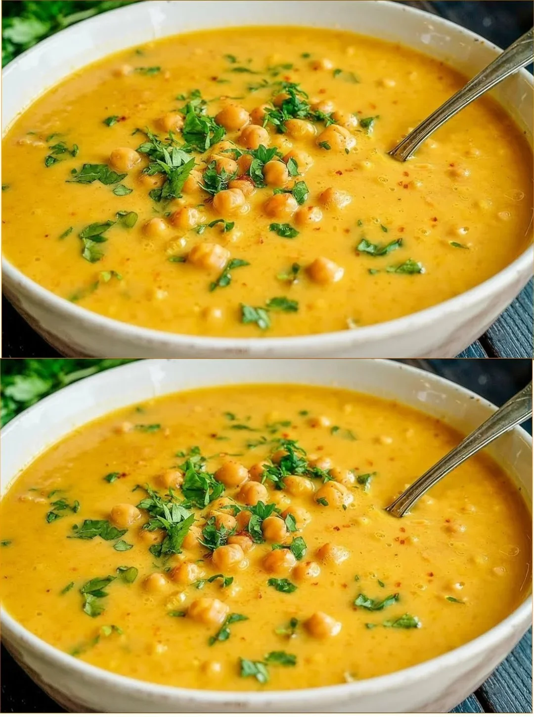 Schüssel mit cremiger Kichererbsensuppe, garniert mit frischen Kräutern.