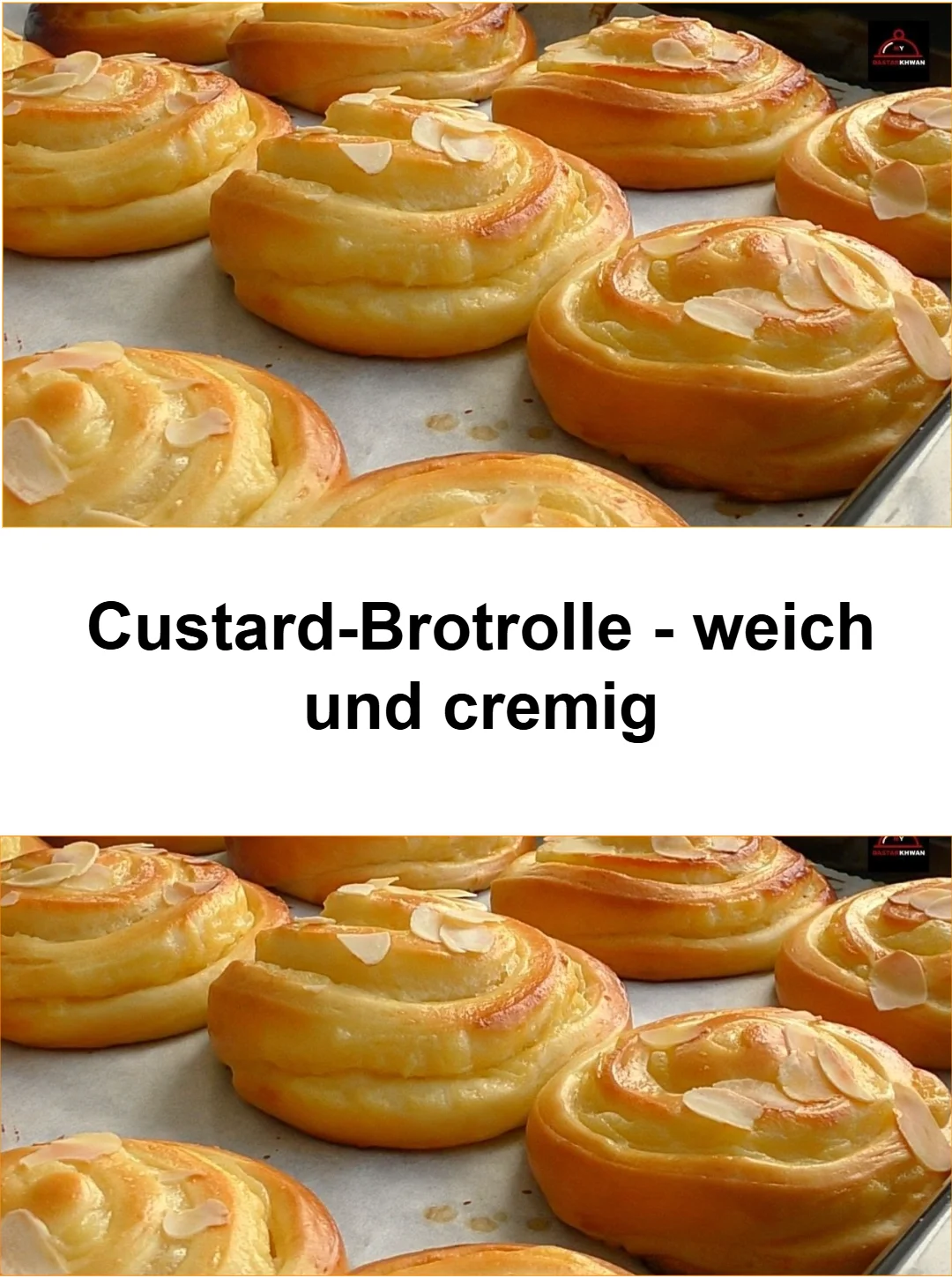 Weiche und cremige Custard-Brotrolle auf einem Teller serviert.