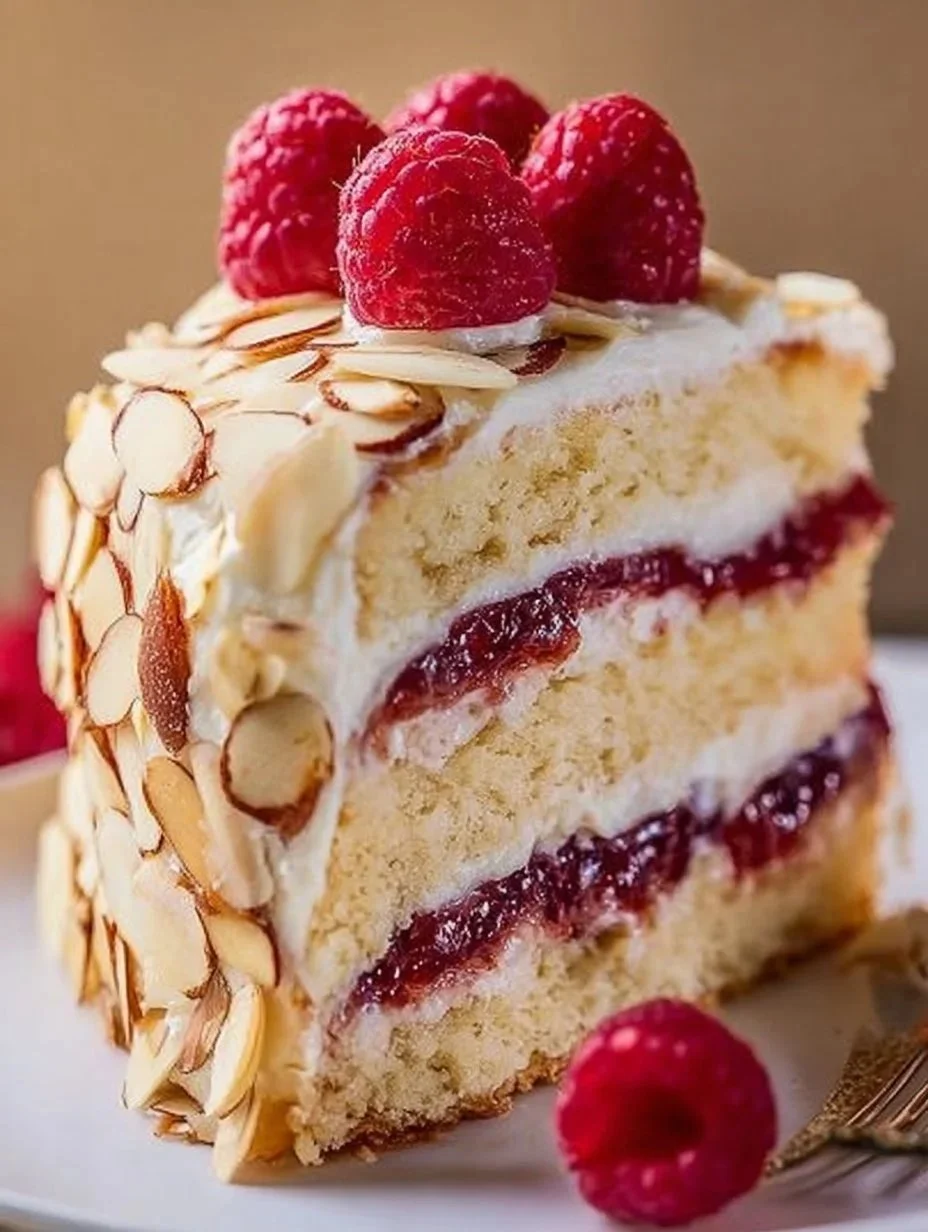 Dekadenter Mandel-Himbeer-Kuchen mit weißer Schokolade und Amaretto Buttercreme