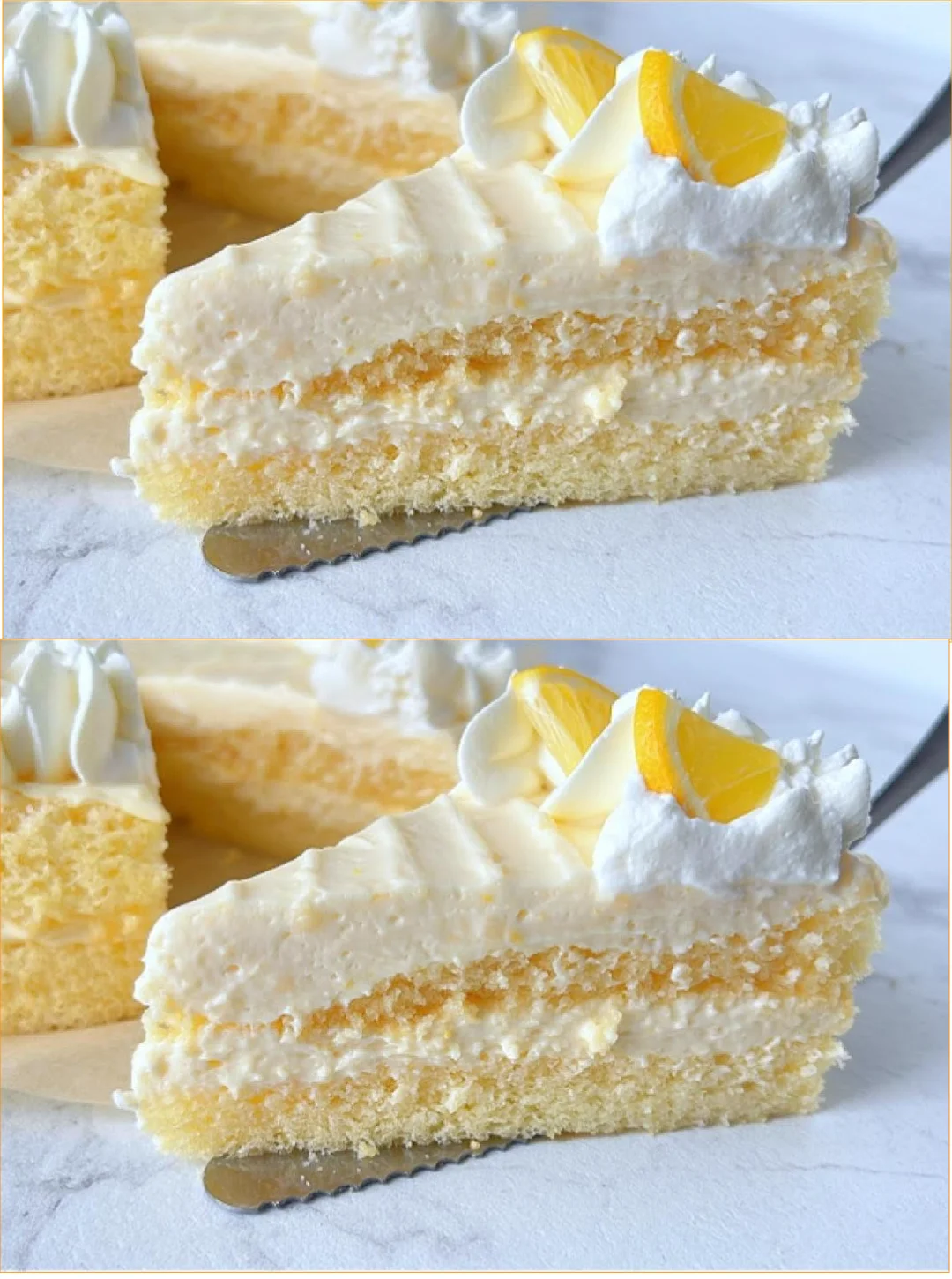 Einfacher Zitronenkuchen mit Sahne auf einem Teller, dekoriert mit Zitronenscheiben
