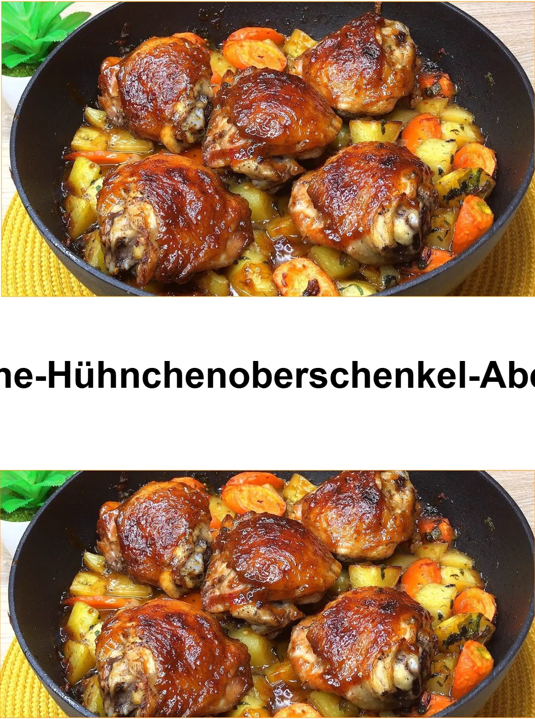 Ein-Pfanne-Hühnchenoberschenkel-Abendessen auf einem Teller serviert.