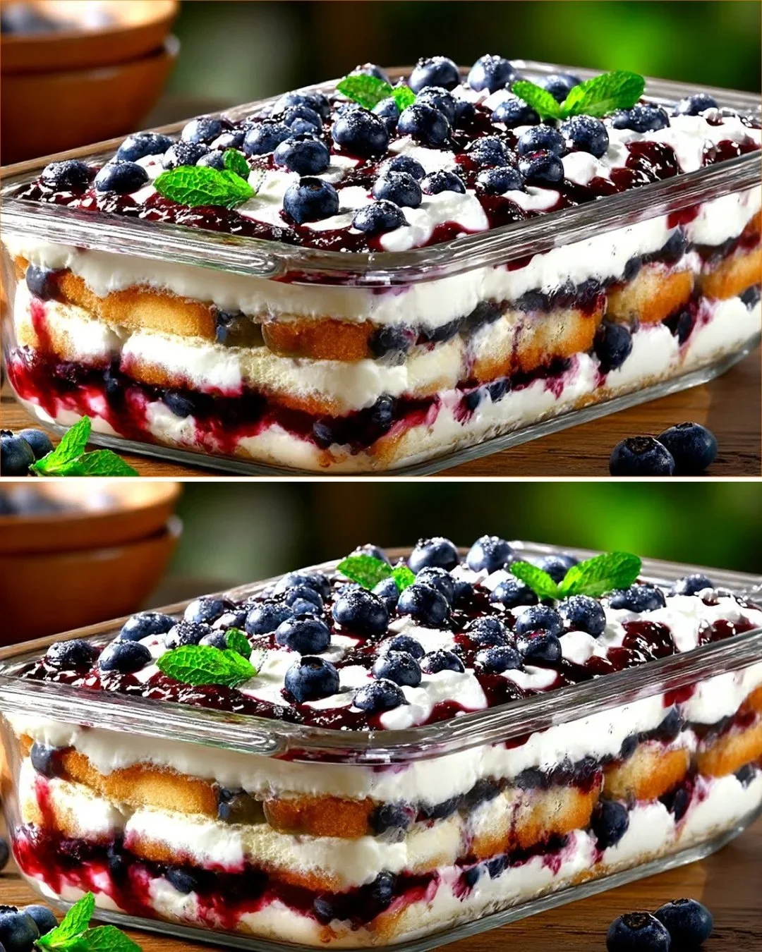Hausgemachtes Blaubeer-Tiramisu auf einem weißen Teller angerichtet.