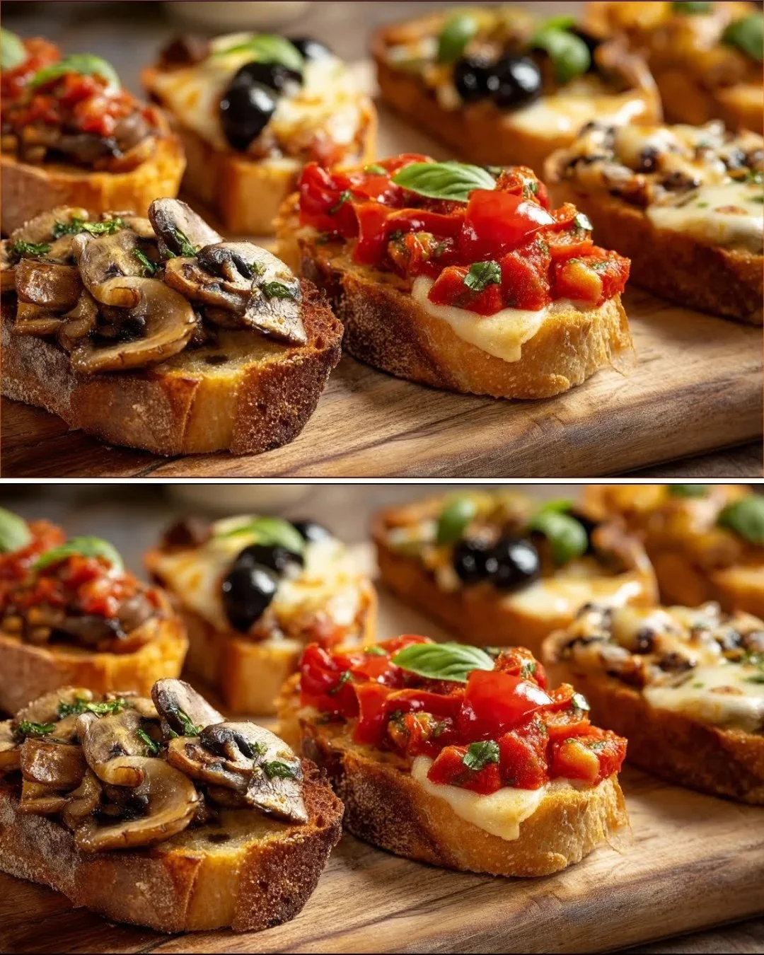 Hausgemachte Mischbruschetta mit Pilzen, Käse und Tomaten auf einem rustikalen Tisch