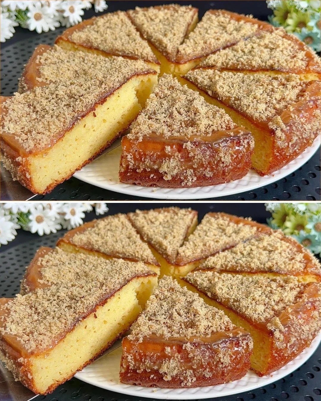 Hausgemachter Frischkäsekuchen mit Grieß und Karamell-Nusstopping