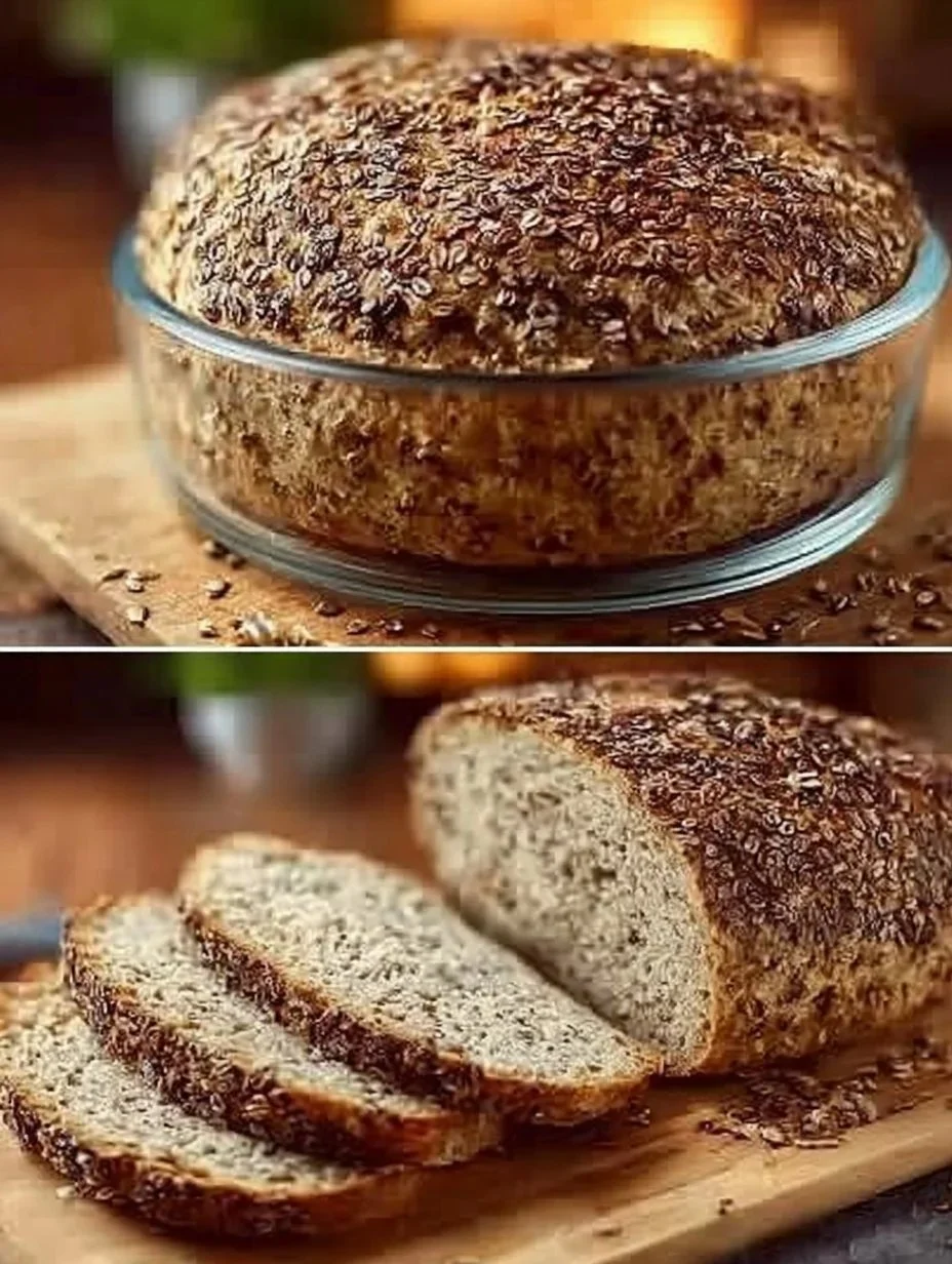 Hausgemachtes Leinsamenbrot auf einem Holzbrett mit Zutaten