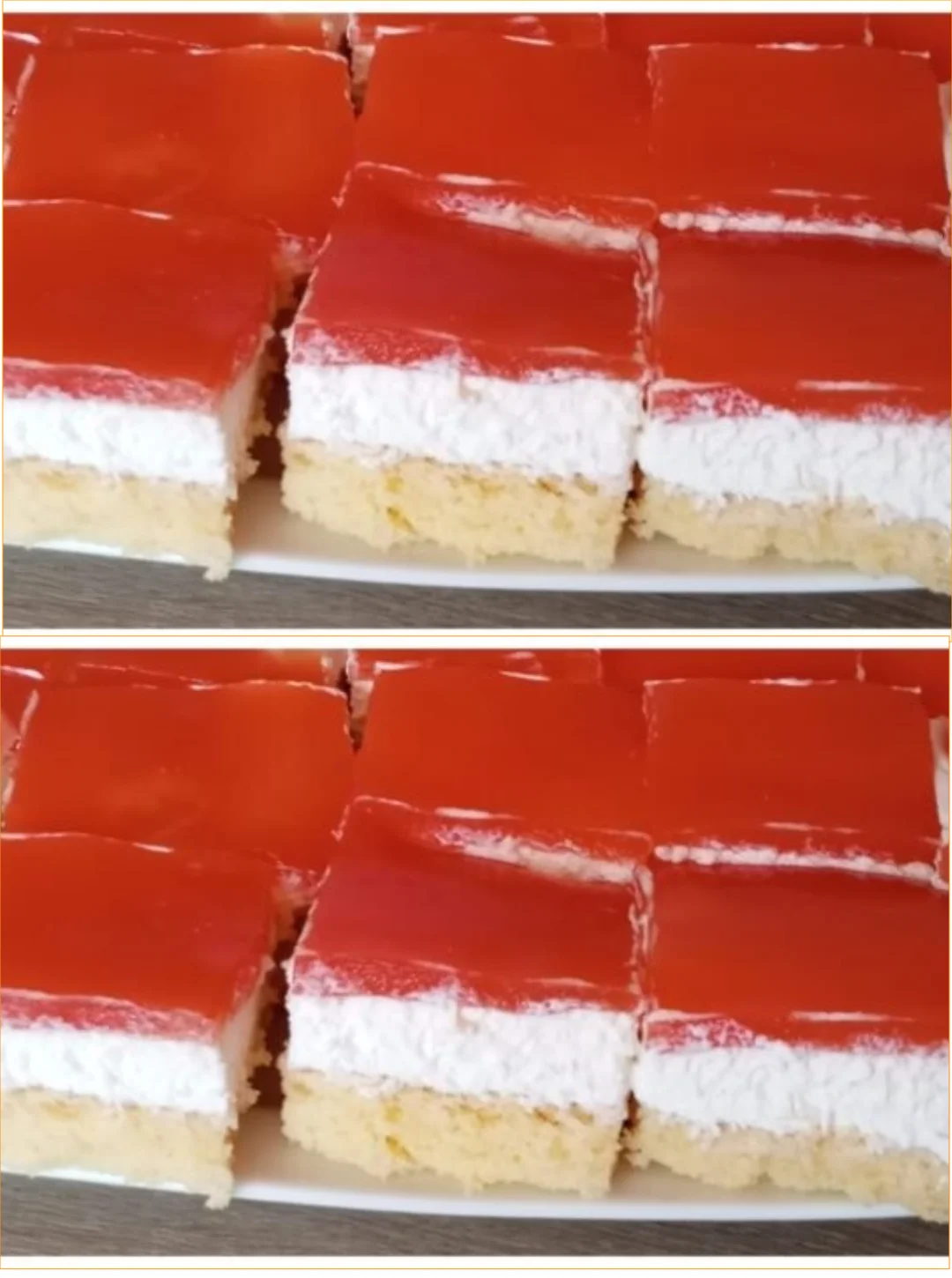 Erfrischende Biskuitkuchenscheiben mit Sahne und buntem Fruchtgelee.