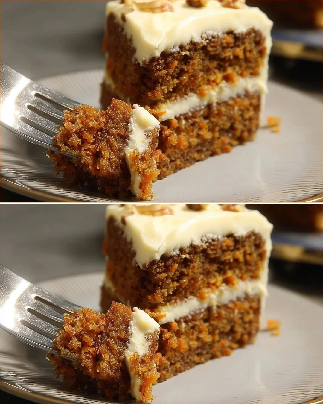 Feuchter Karottenkuchen mit Frischkäse-Frosting auf einem Teller