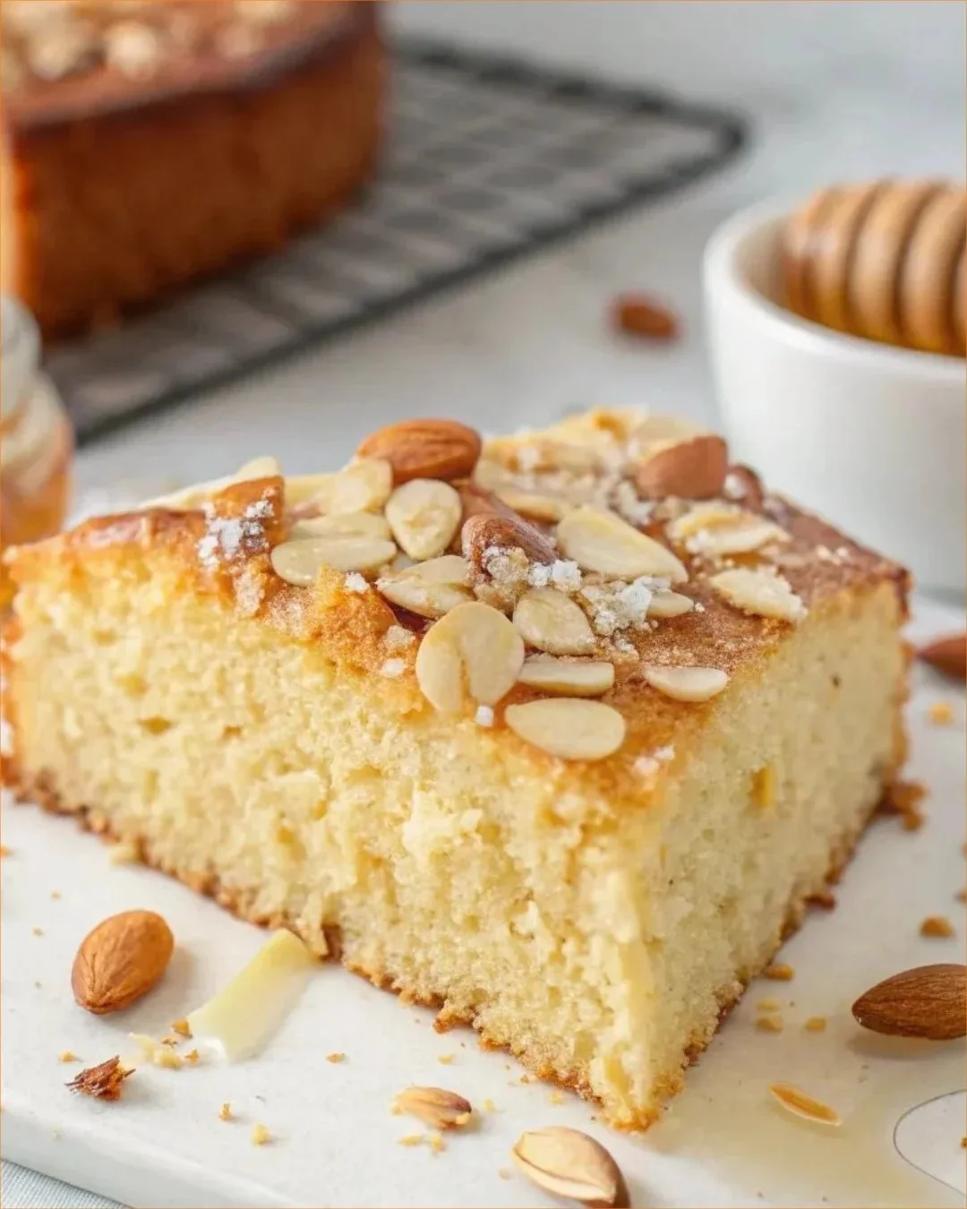 Feuchter Mandelmehl-Griechischer Joghurtkuchen auf einem Teller