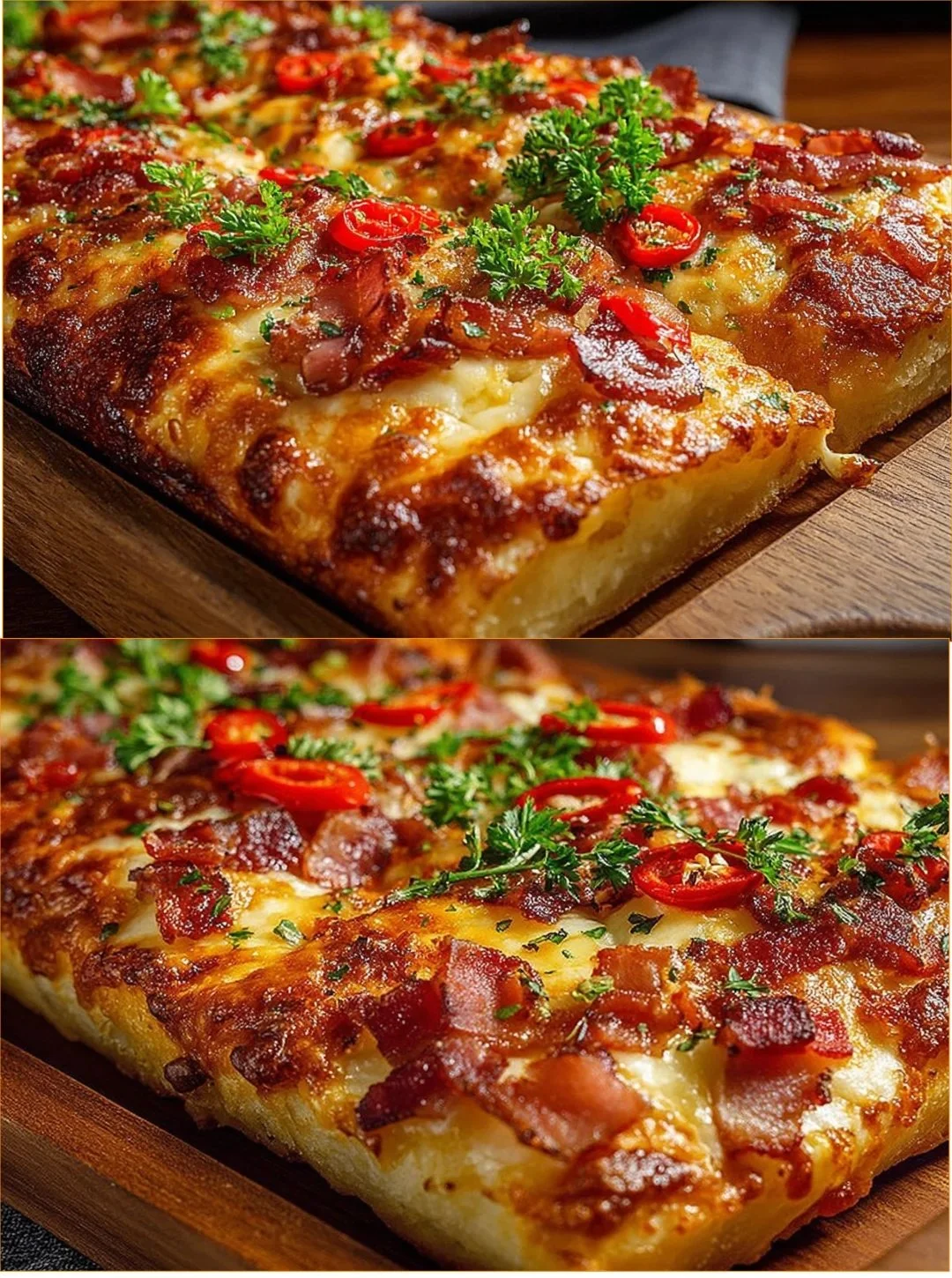 Focaccia-Pizza mit Tomatensauce und geschmolzenem Käse frisch aus dem Ofen