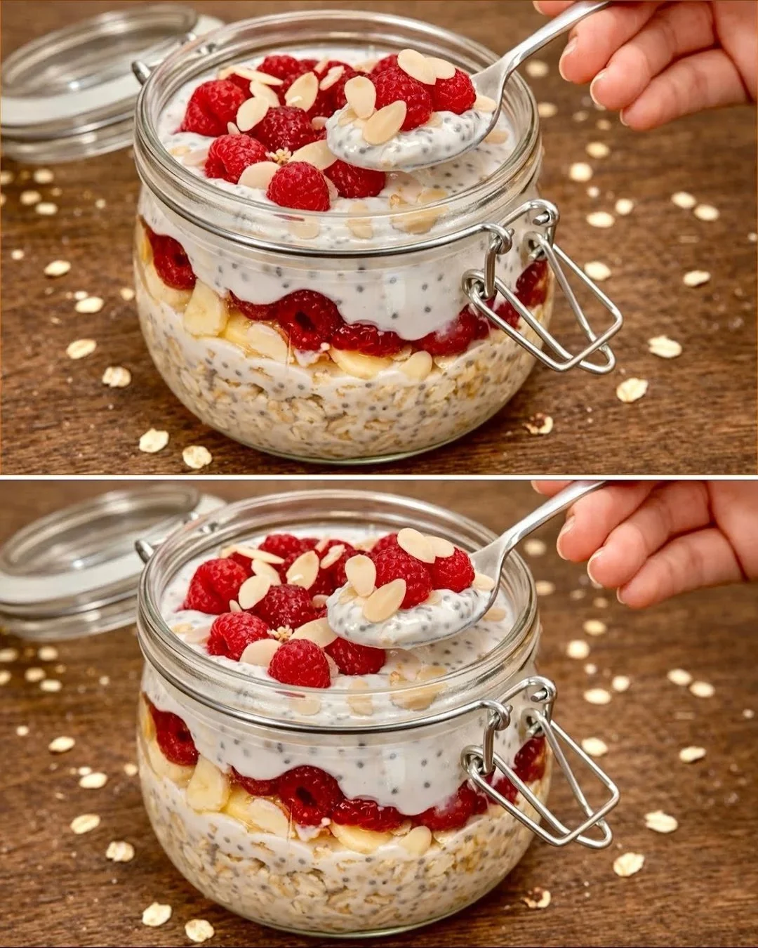 Geschichtetes Hafer Frühstück in einer Schüssel, gesund und lecker.