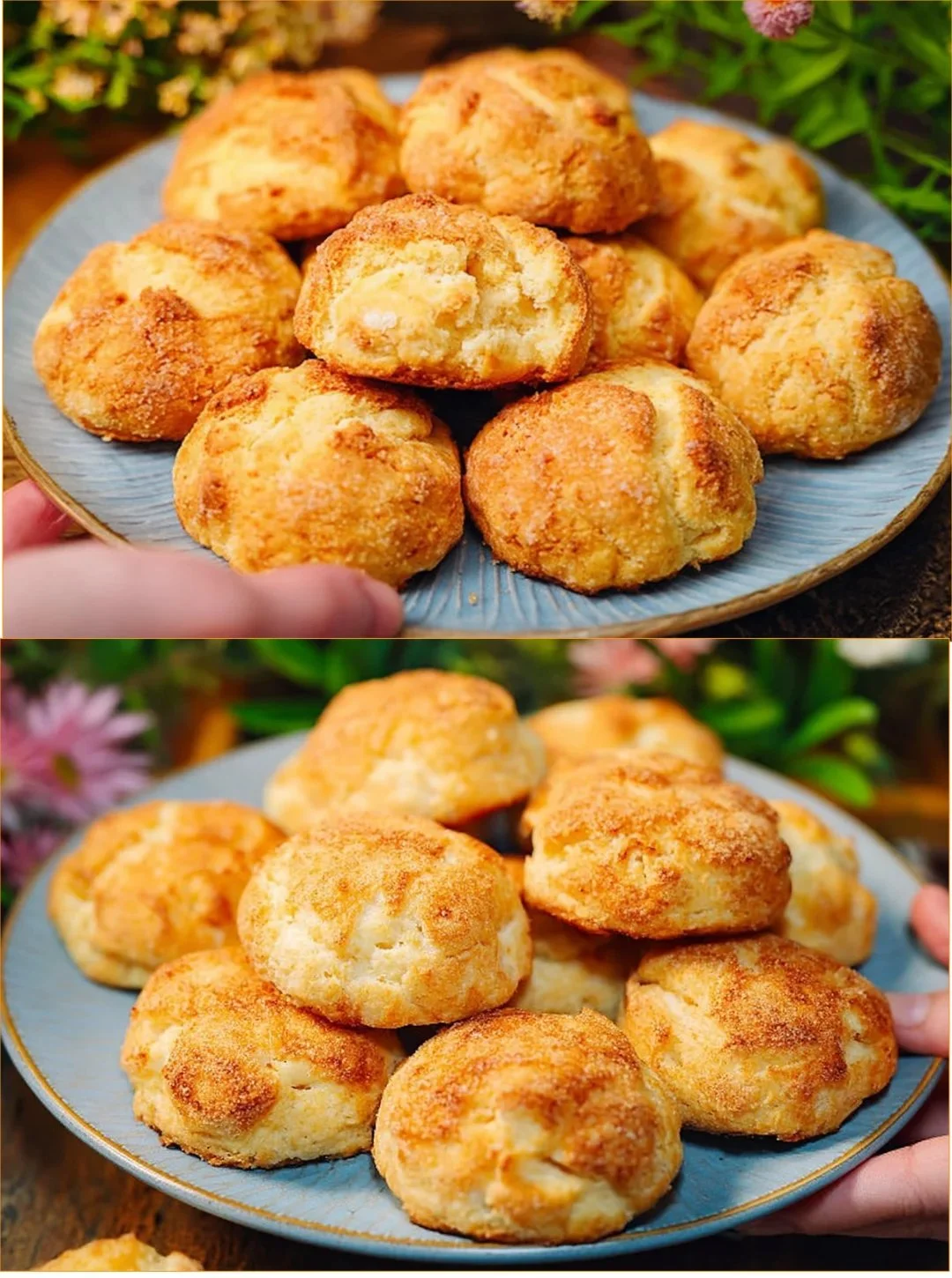 Frühstücksbrötchen mit Ricotta und Äpfeln auf einem Teller.