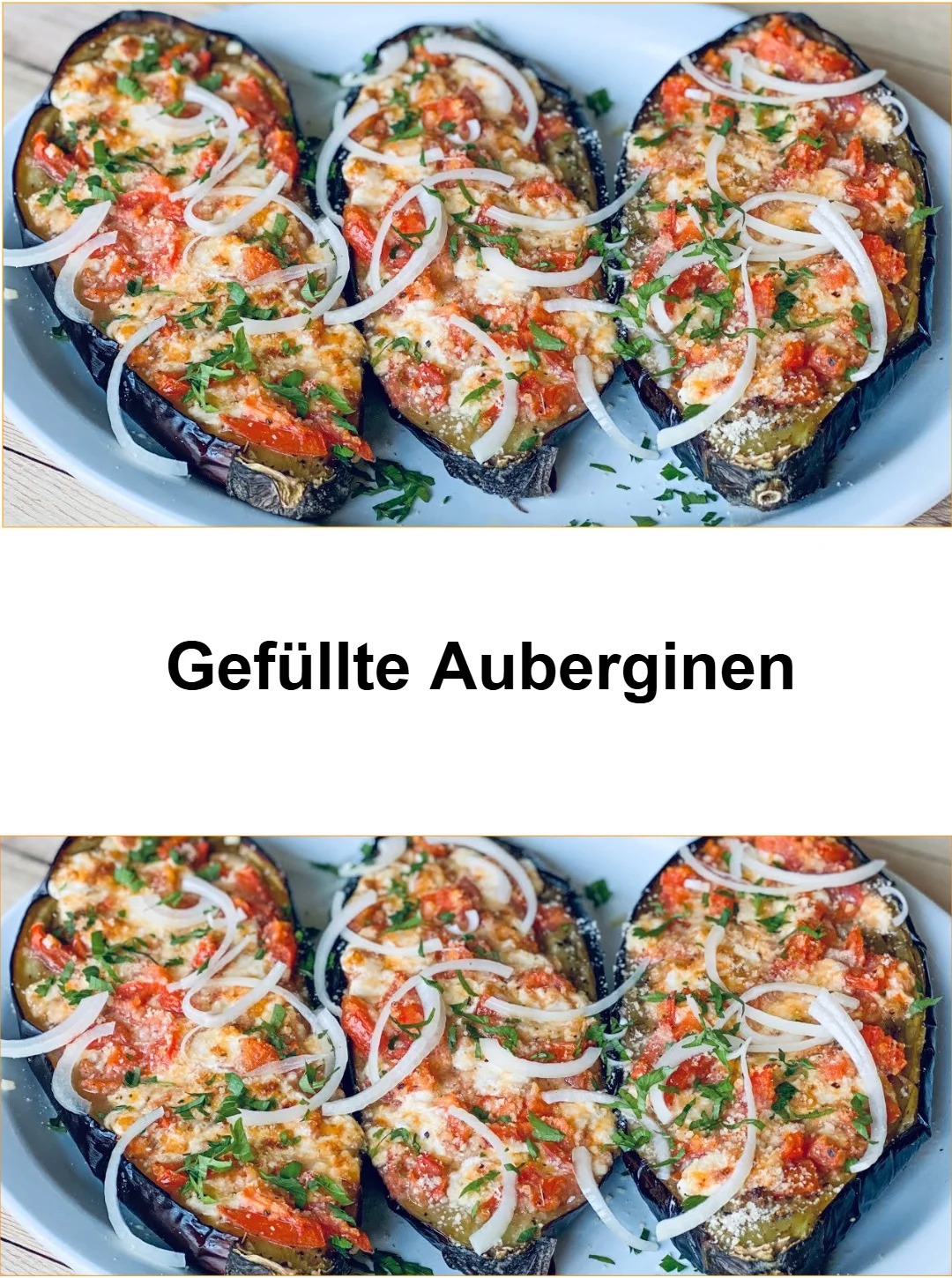 Leckere gefüllte Auberginen auf einem Teller, garniert mit frischen Kräutern.