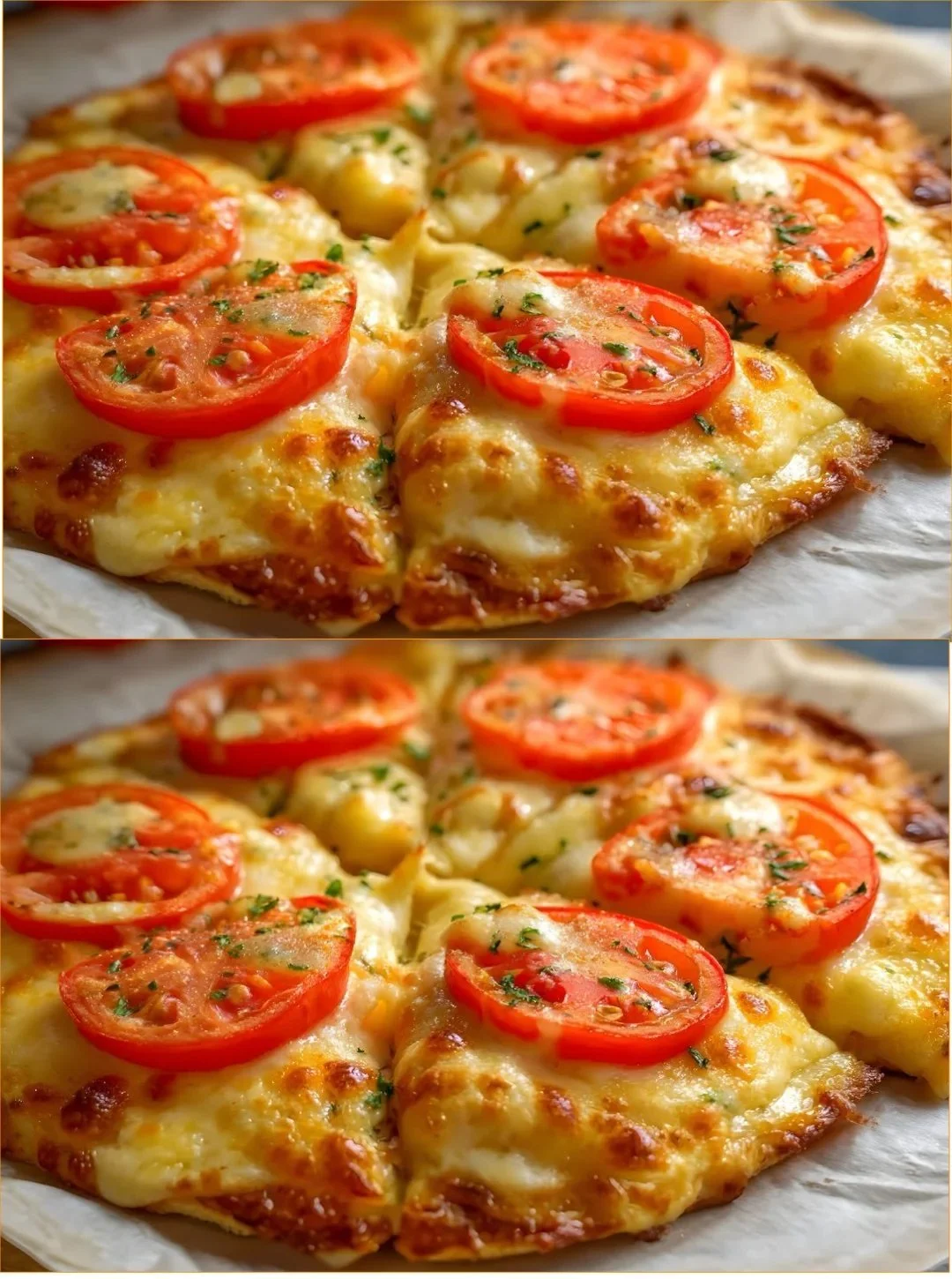 Geriebene Kartoffelpizza mit frischen Zutaten auf einem Holzbrett