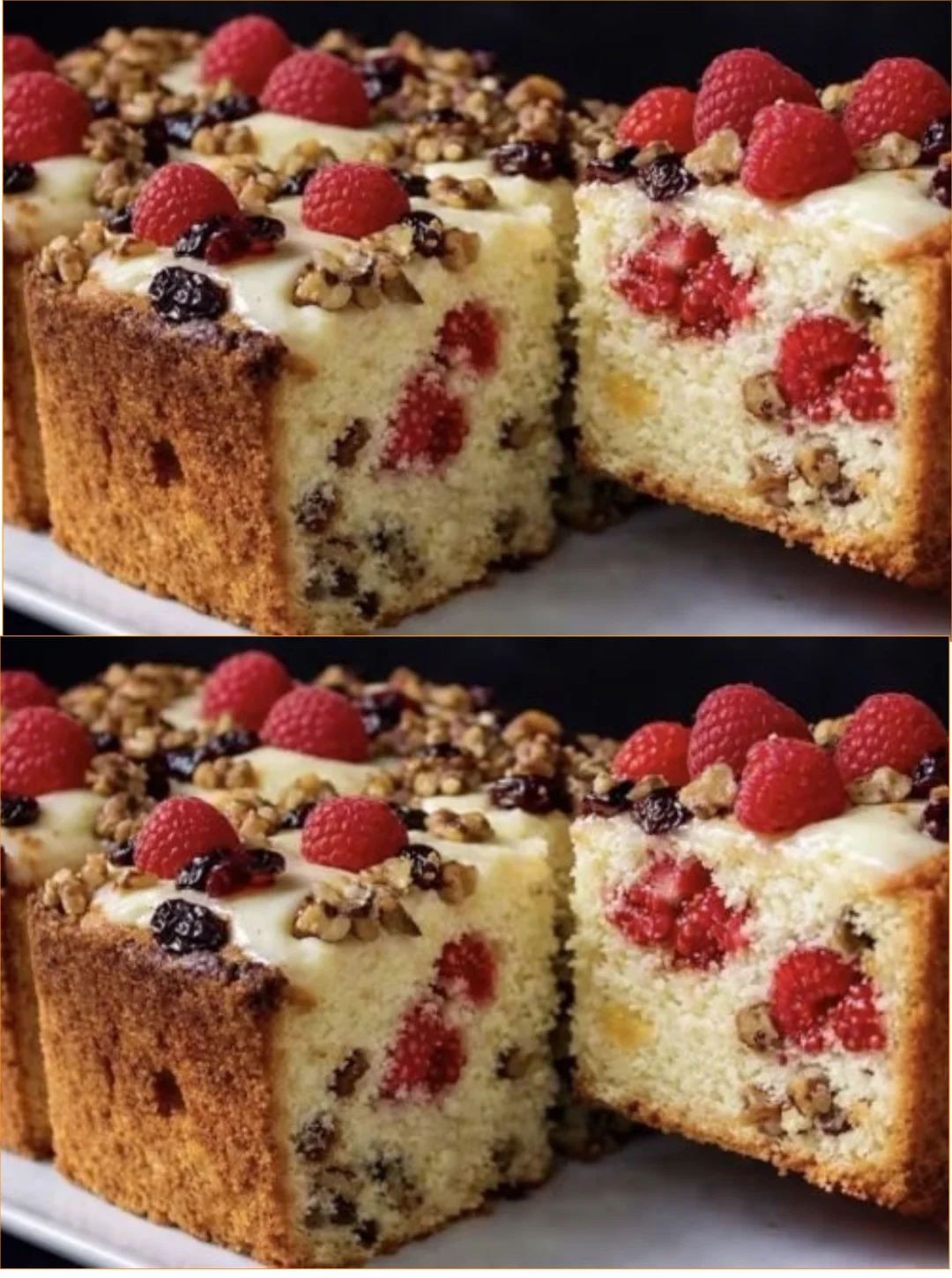 Getrockneter Aprikosen- und Himbeerkuchen auf einem Tisch serviert