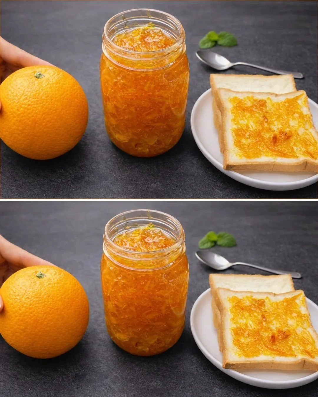 Hausgemachte Orangenmarmelade in einem Glas mit frischen Orangen